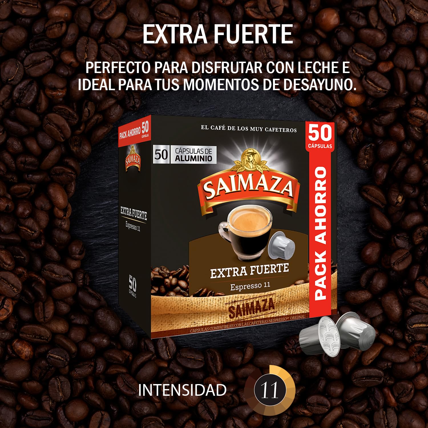 Saimaza Cápsulas de Café Extra fuerte | Intensidad 11 | 50 Cápsulas Compatibles Nespresso