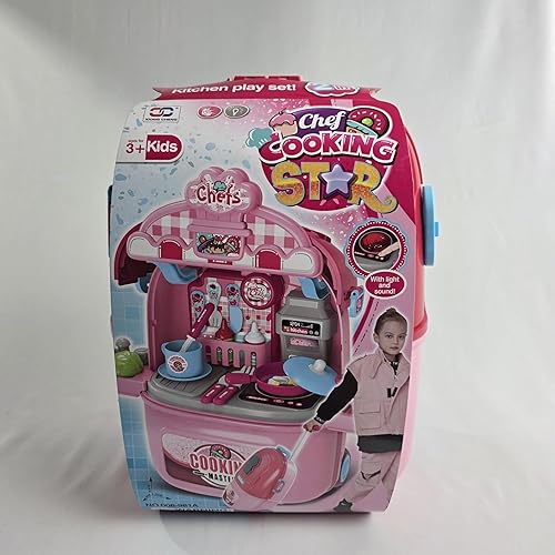 Luxe Realm - Juego de cocina rodante para niños, carrito de cocina rosa con luces y sonidos, juego de cocina portátil con utensilios y accesorios