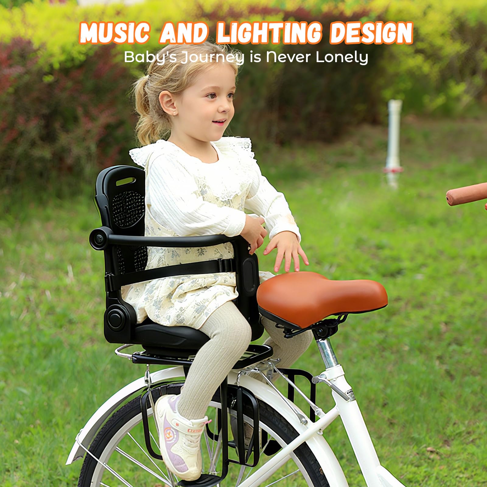 auvstar Silla Bicicleta niño Trasera,Asiento Trasero de Bicicleta con Respaldo,Ajustable para Sentarse o Reclinarse,Cojín de Asiento de PU con Barandillas de Seguridad y Reposapiés