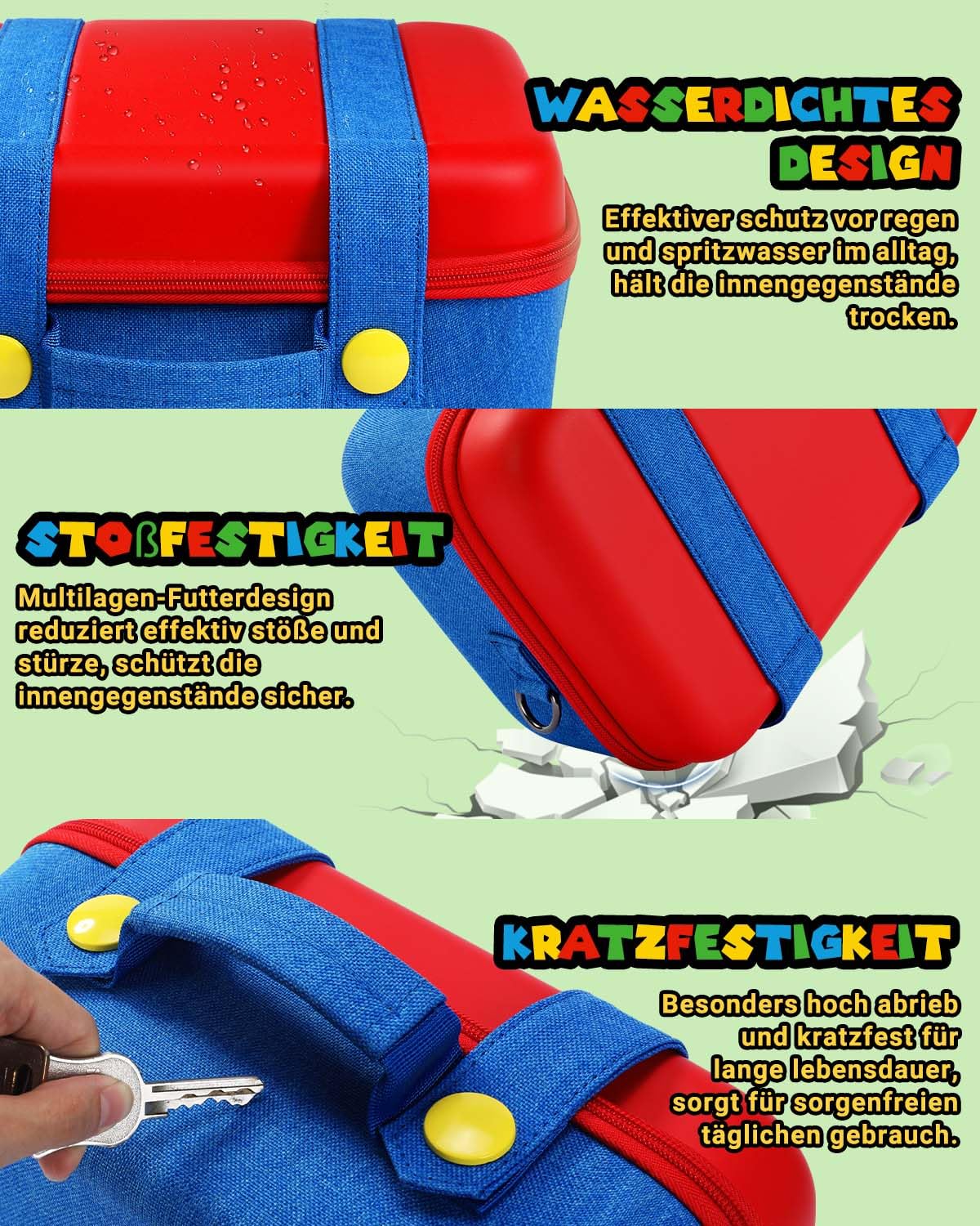 All in One Switch 2 Tasche Niedlich Kompatibel mit Nintendo Switch 2, Tragbare Hartschalen Tragetasche für Zubehör und Spielkarten, Schutzhülle Hülle Case für Konsole Pro Controller Dock,Rot Blau Groß