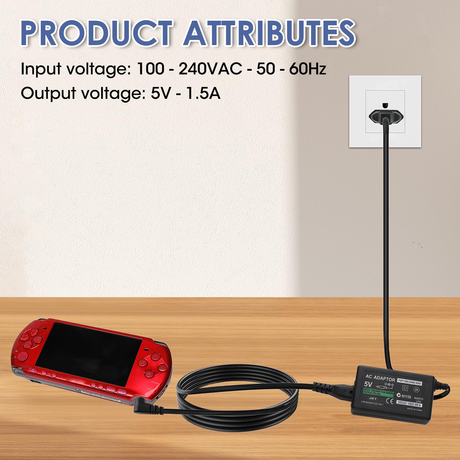 Cargador para Sony PSP 1000/2000/3000, Fuente de Alimentación 5V 2A AC Pared Cargador Cable, Power Adapter para PSP Consola, PlayStation Alimentación Portátil para 1000 2000 3000 Street Game — view 6