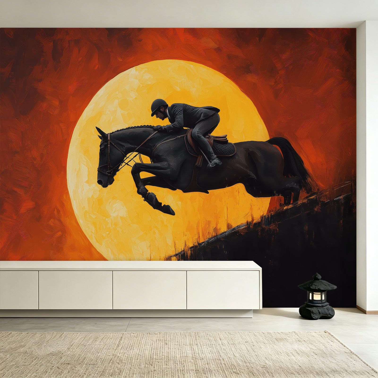 Carta da parati fotografica moderna con cavallo nero cavaliere luna, 200 x 140 cm, carta da parati in tessuto non tessuto, carta da parati da parete XXL, per ufficio, studio, palestra, rosso