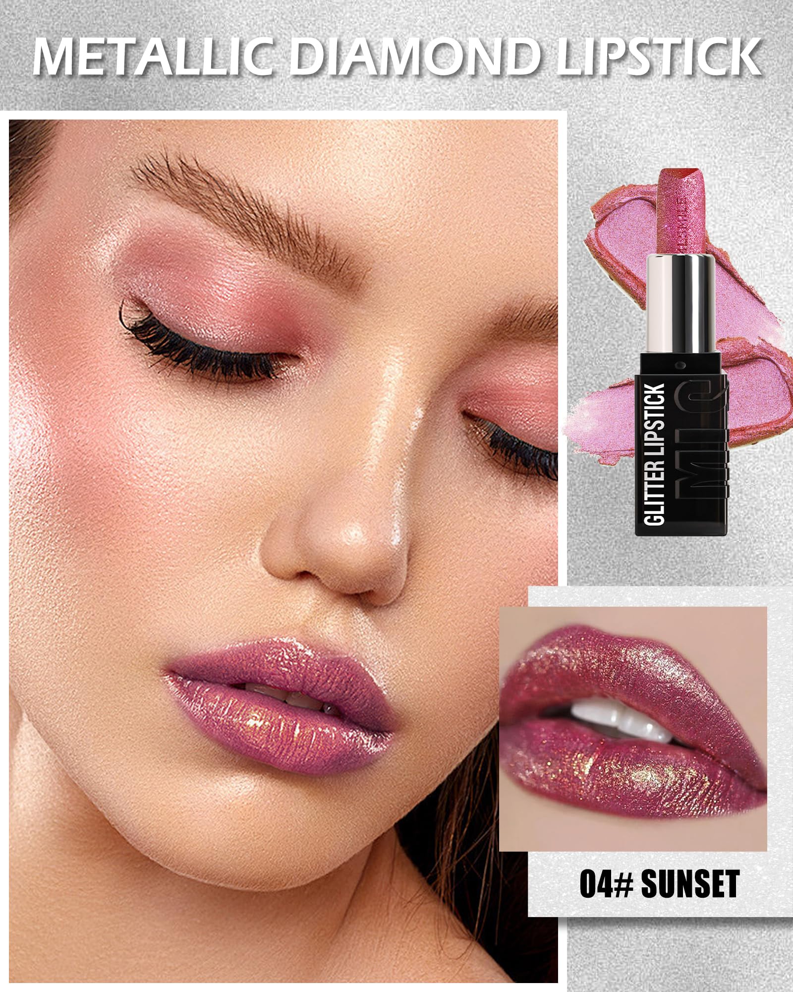 Lápiz labial mate con purpurina de diamantes, de larga duración, impermeable, rojo rubí, metálico, brillante, alto pigmento, antiadherente, brillo de labios, brillo de labios de cobertura completa, 2