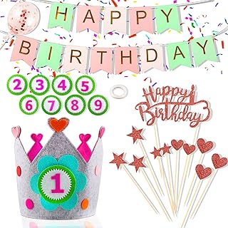 Anniversaire Couronne Chapeau, Couronne Anniversaire en Tissu, Couronne pour Enfants avec Numéros Interchangeables de 1-9, avec Set de Décoration de Gâteau e Bannières, pour Anniversaires ou Fêtes