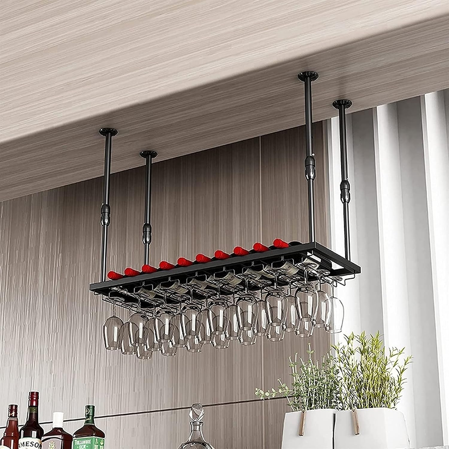 European Hanging Wine Glass Rack Adjustable Height Ceiling Decoration Shelf for Wine Glass and Bottle Storage Big Capacity and Easy to Install Gold Finish 100 Bottle Capa