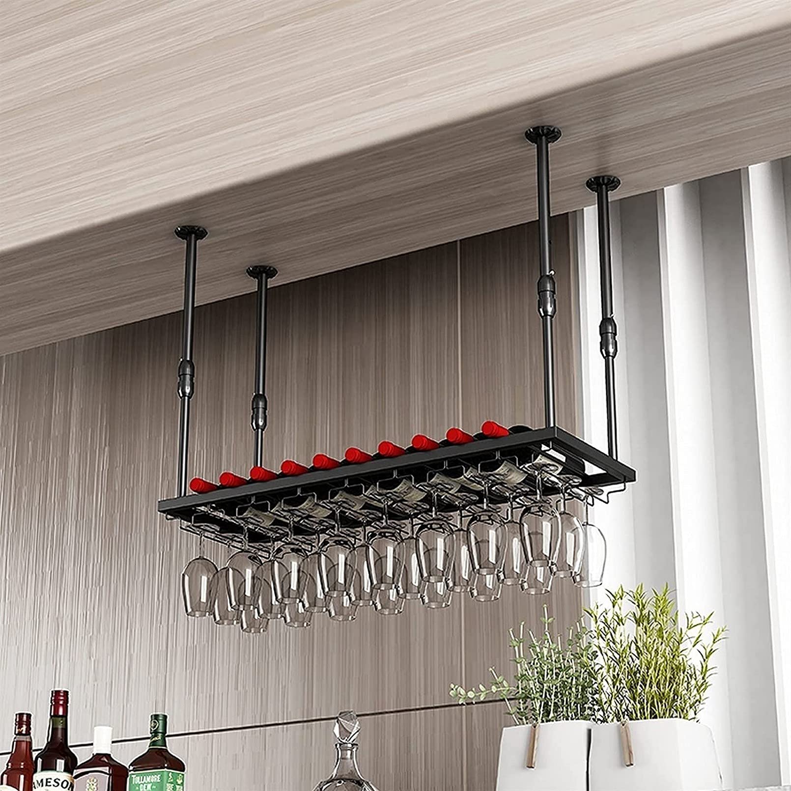 Étagère à verres à vin suspendue de plafond pour décoration de bar et stockage de bouteilles