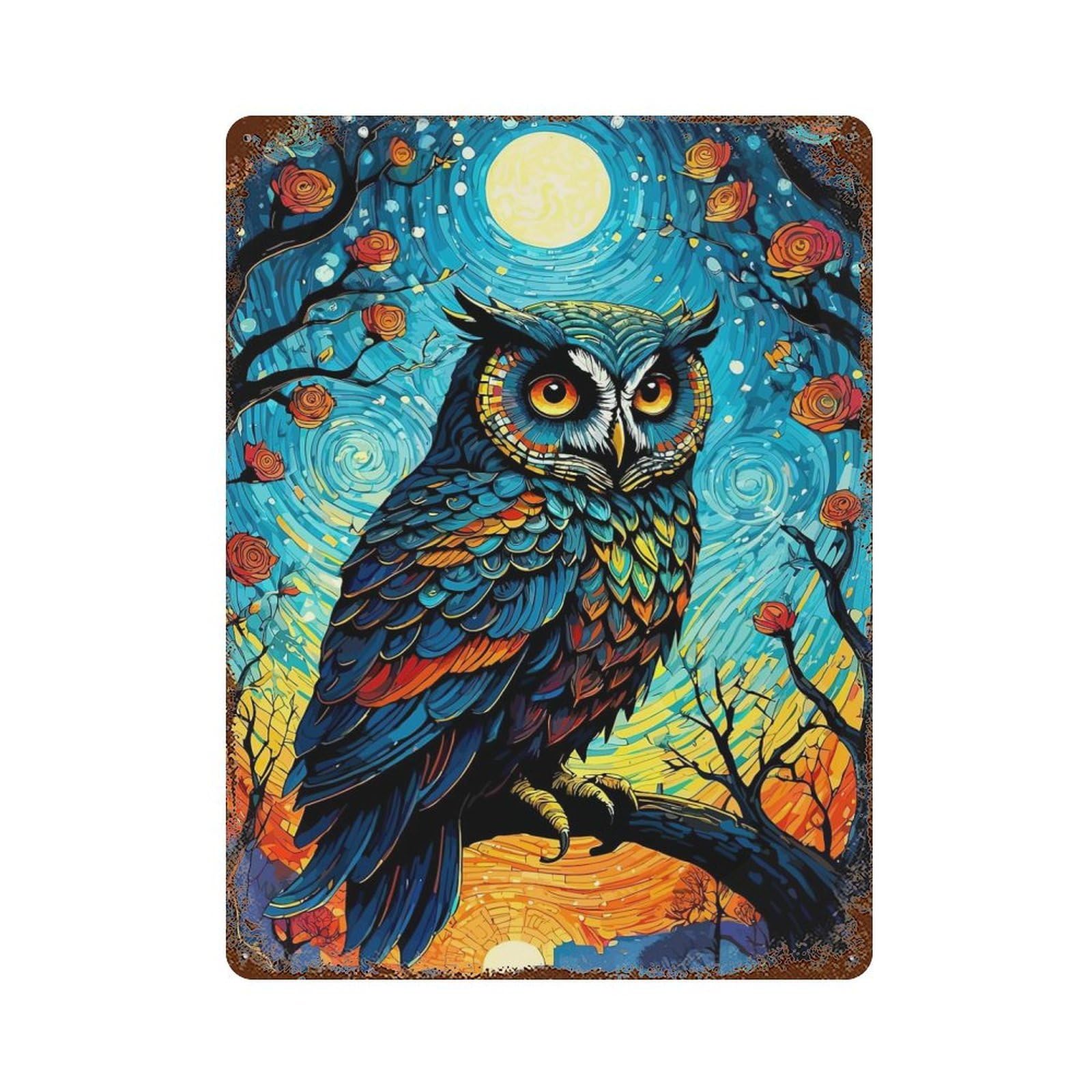 Owl in Starry Night Weathered Tin Sign 15.7"x11.8", for Garage, Bar And Workshop Decor, Vintage Wall Decor