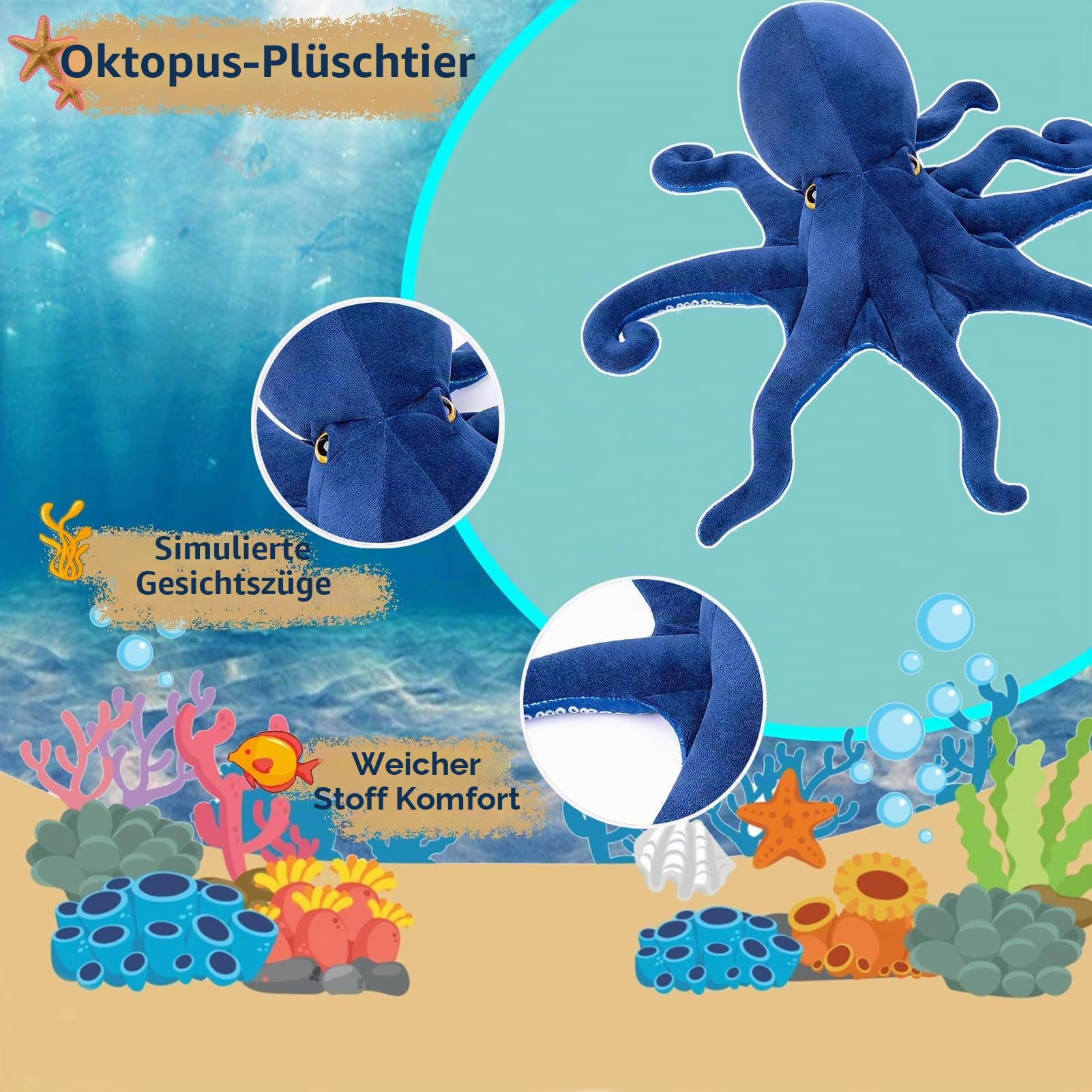 Tiny Heart Oktopus Plüsch Stofftier 120cm/47” realistisches Oktopus Plüsch schönes Tier niedliche und weiche Geschenke Plüsch-Krake für Kinder Jungen und Mädchen Krake Spielzeug Blau