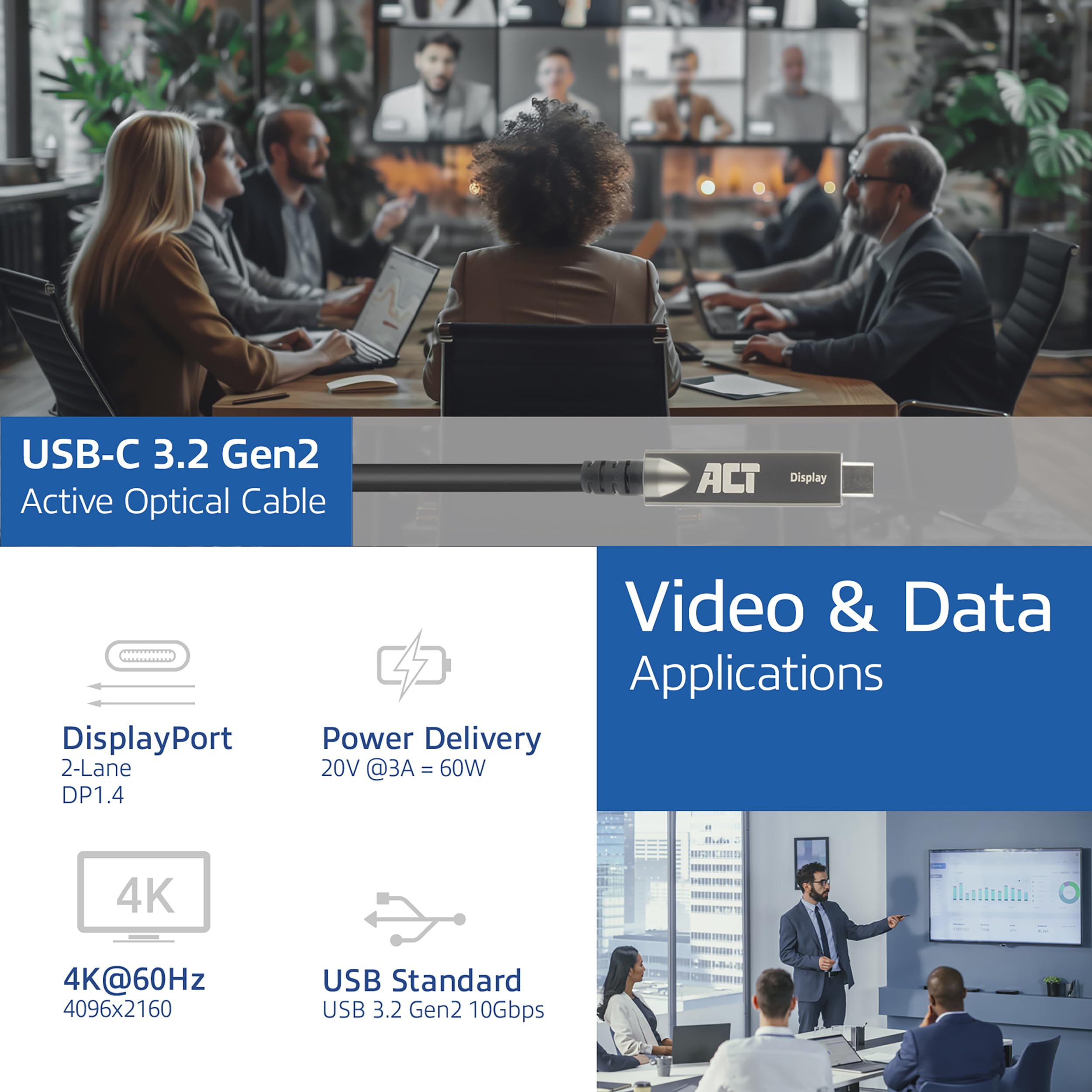 ACT Aktywny kabel optyczny USB C (AOC) 3 m, USB C Video kabel USB 3.2 Gen2, wysoka prędkość 10 Gb/s, aktywny kabel optyczny USB C, do paneli dotykowych, wideokonferencji – AK4323