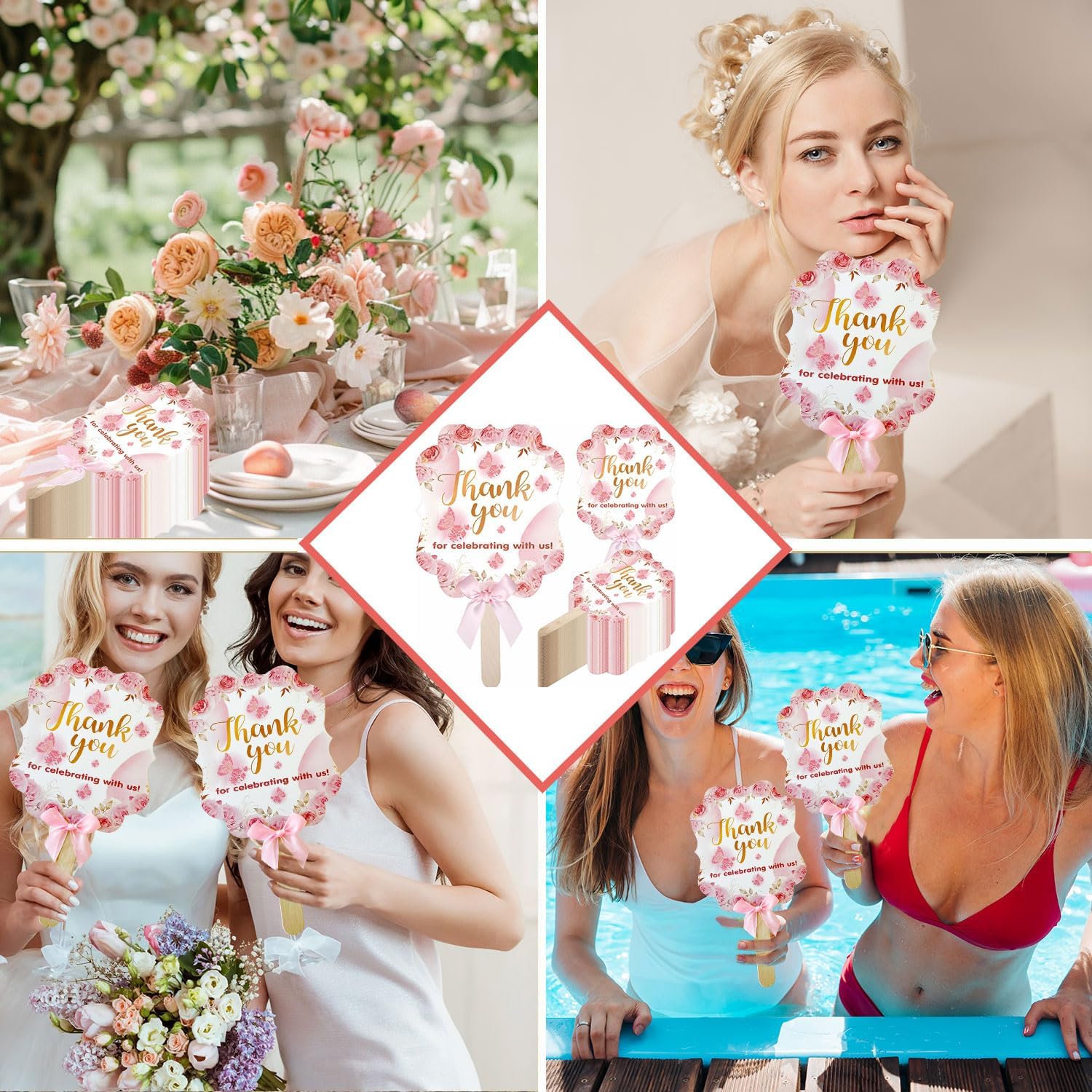 50 Pieces Wedding Paper Fans for Guests Bulk Floral Handheld Wedding Favor Fans Thank You for Celebrating with Us Paper Fans for Bridesmaid Gift Bridal Shower Baby Shower Party Supplies