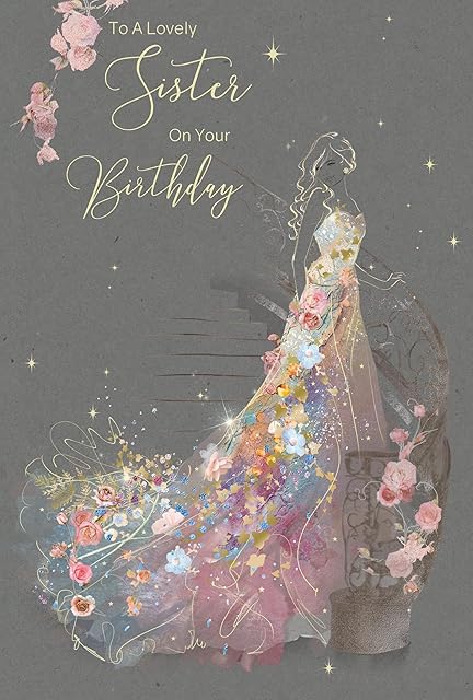 Cherry Orchard Sister Birthday Card - To A Lovely Sister On Your Birthday - Artistic Lady In Gorgeous Pink Floral Ball Gown - Flitter & Gold Foil Finish - For Her