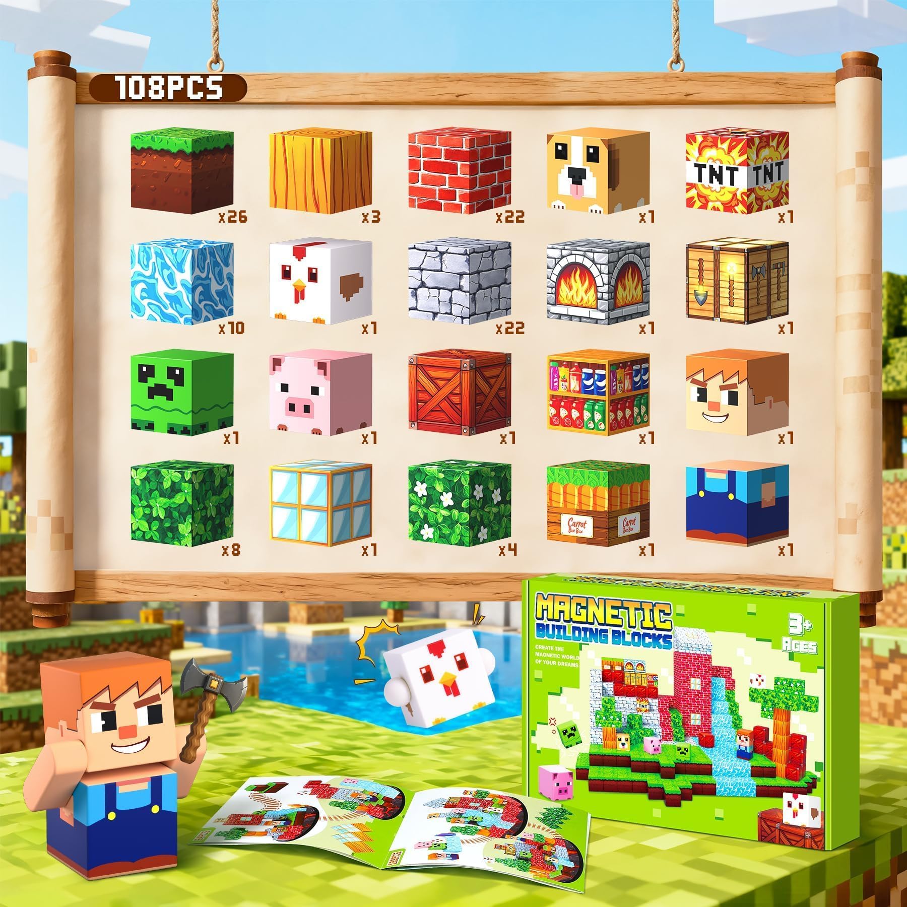 Pourbibi Costruzioni Magnetiche per Bambini,Giocattolo Educativo Montessori,Giochi Magnetici per Bambini 3 4 5 6 7 8 9 10 Anni,Regali di Compleanno 3-10 Anni