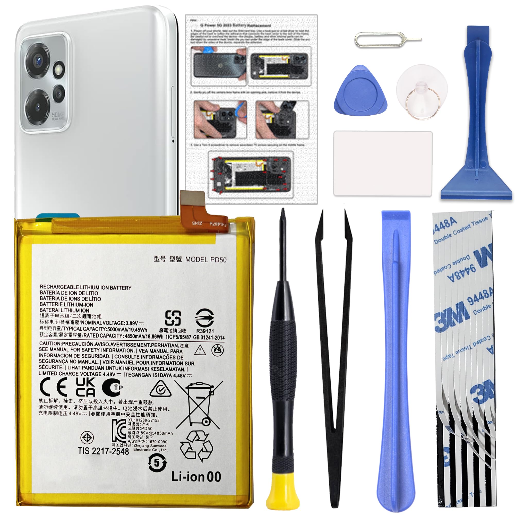 GREEN FUSION Compatible with Moto G Power 5G 2023 XT2311 Cellphone Battery Replacement Kit PD50, Includes Repair Tools