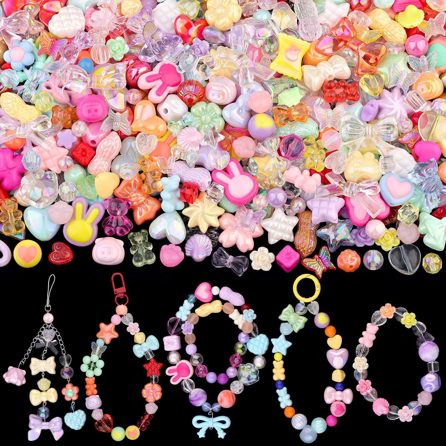 Assorted 170-230PCS Mixed Colors Acrylic Beads for Bracelet Making, Flower Bow Butterfly GummyBear Aesthetic Bracelet Charms,Cute Beads for Jewelry Making DIY Necklace Keychain Phone Charm