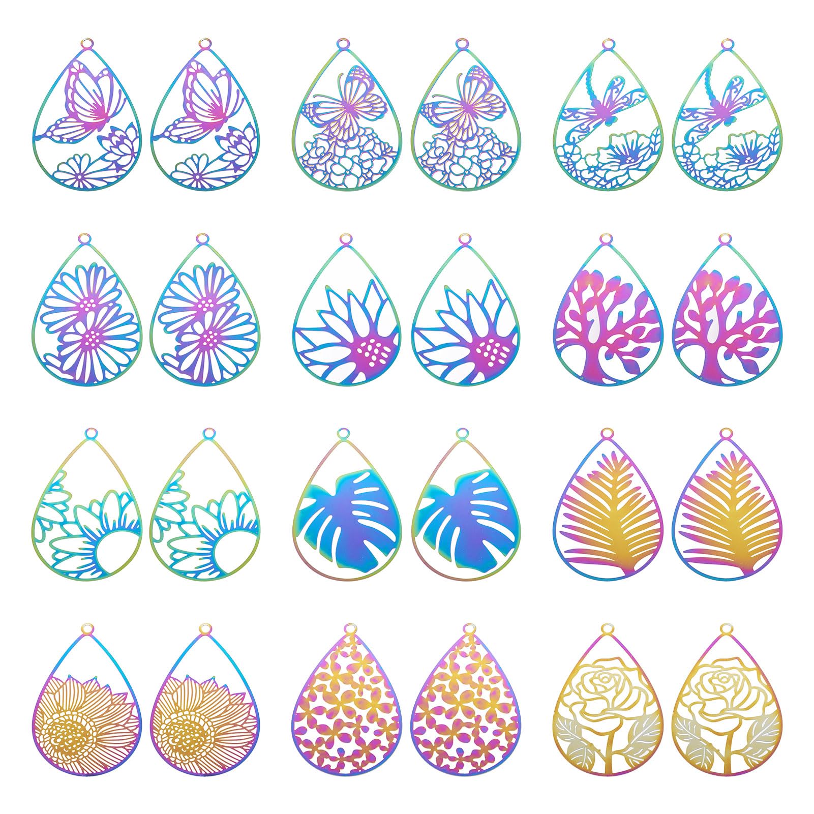 Spritewelry 24Pcs Stainless Steel Teardrop Filigree Pendants Dragonfly Butterfly Leaf Flower Hollow Etched Metal Embellishments Charms for Jewelry Making