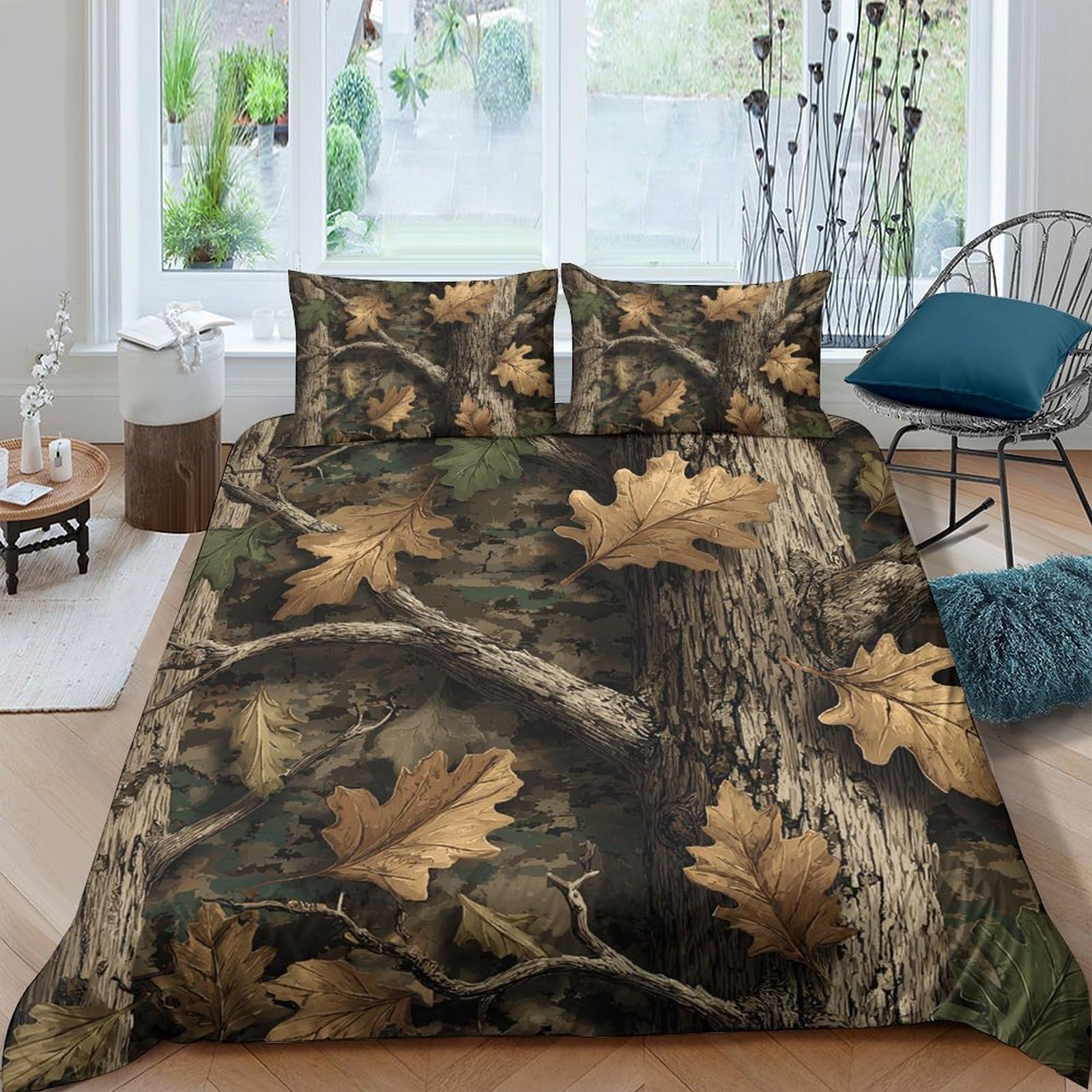 TUFRTGYHN 3D Printed Autumn Forest Duvet Cover Microfiber Breathable Oak Leaf Bedding Set with 2 Pillowcases for Bedroom Decor Single（135x200cm）