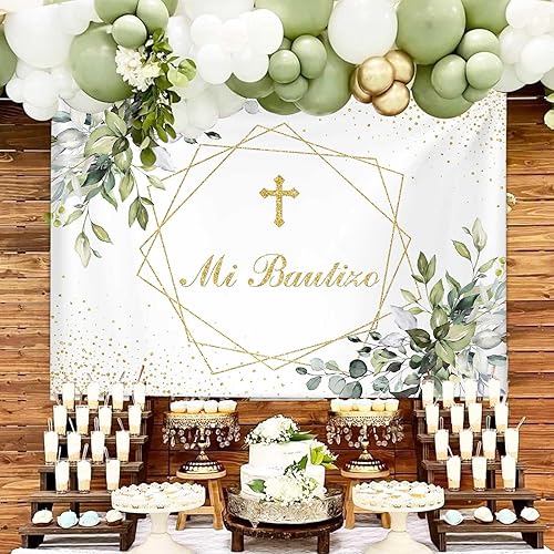 Miniatura 8 de MEHOFOND Mi Bautizo - Telón de fondo para fiesta de bautismo mexicano, suministros para primera comunión recién nacido, baby shower, fondo dorado