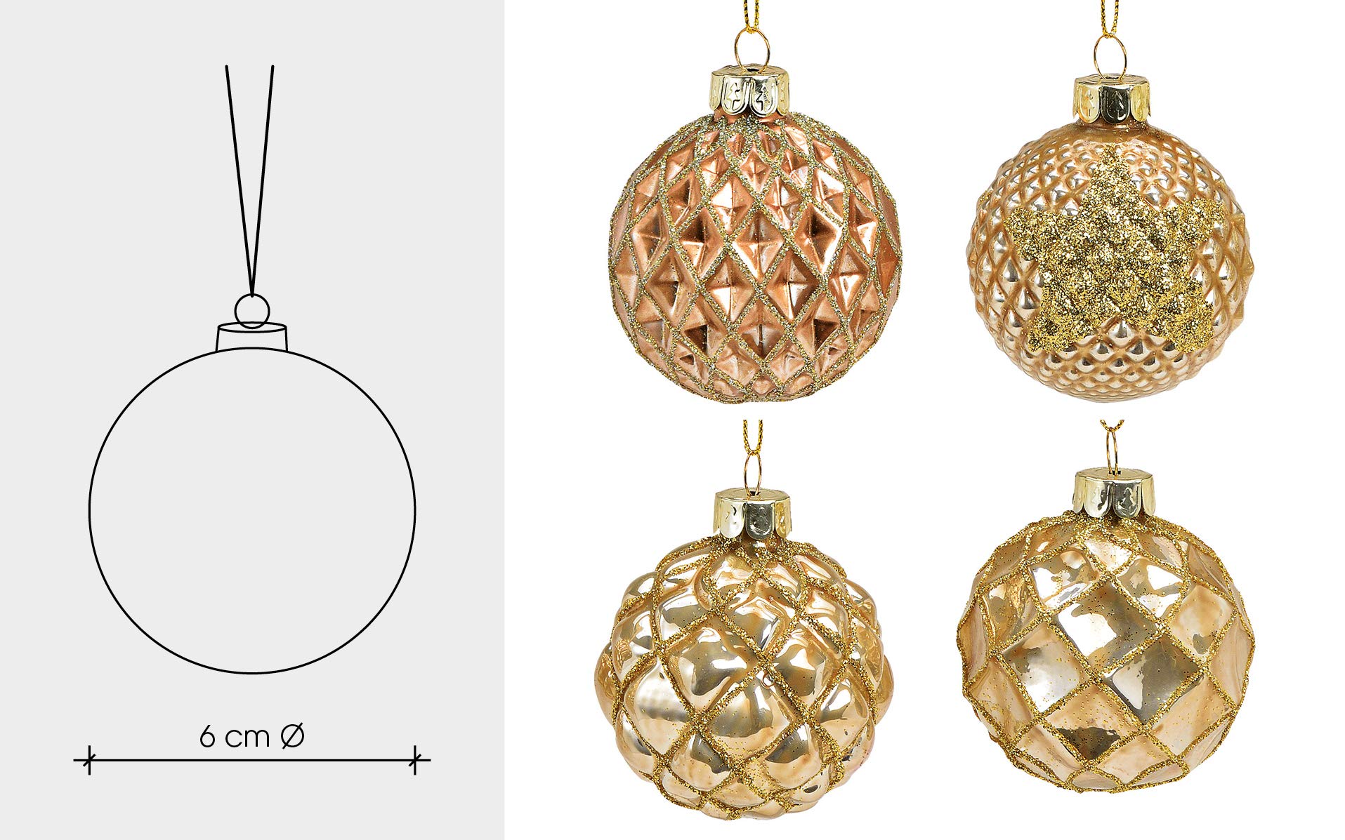 Lot de 12 boules de Noël en verre – Ø 6 cm – Ensemble de boules de Noël – Boules en verre pour sapin de Noël – Décoration élégante pour sapin de Noël – classique, moderne et élégant – Décorations de