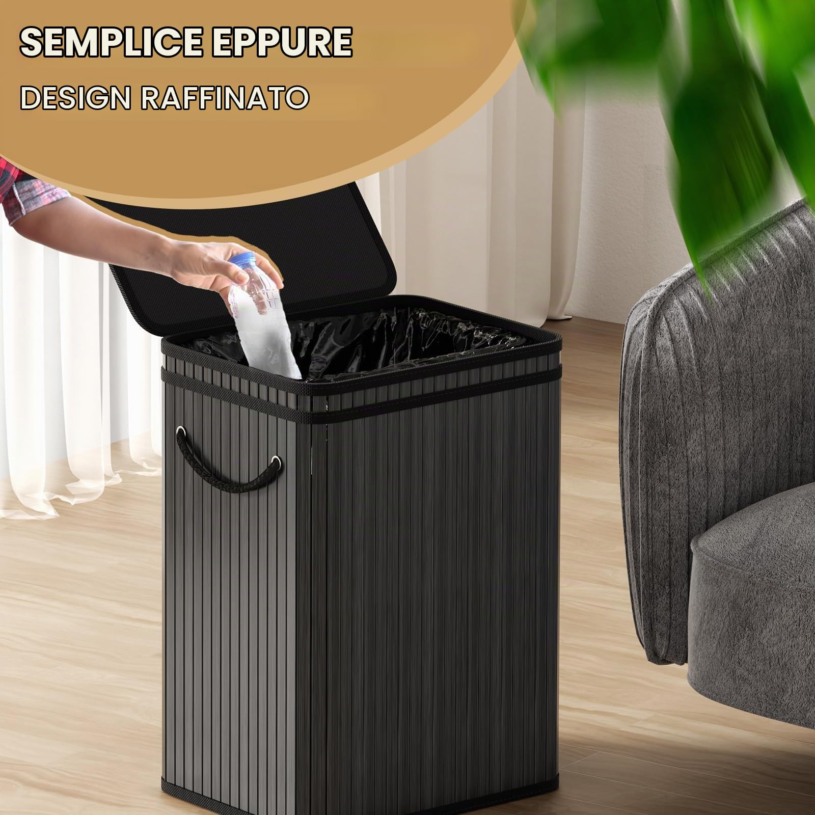 Mihoho Pattumiera grande da 80 litri/21 galloni con coperchio, cestino per rifiuti in bambù, pattumiera per esterni/bidone per rifiuti per casa, ufficio, bagno, cucina 40X30X60 CM (premium nero)