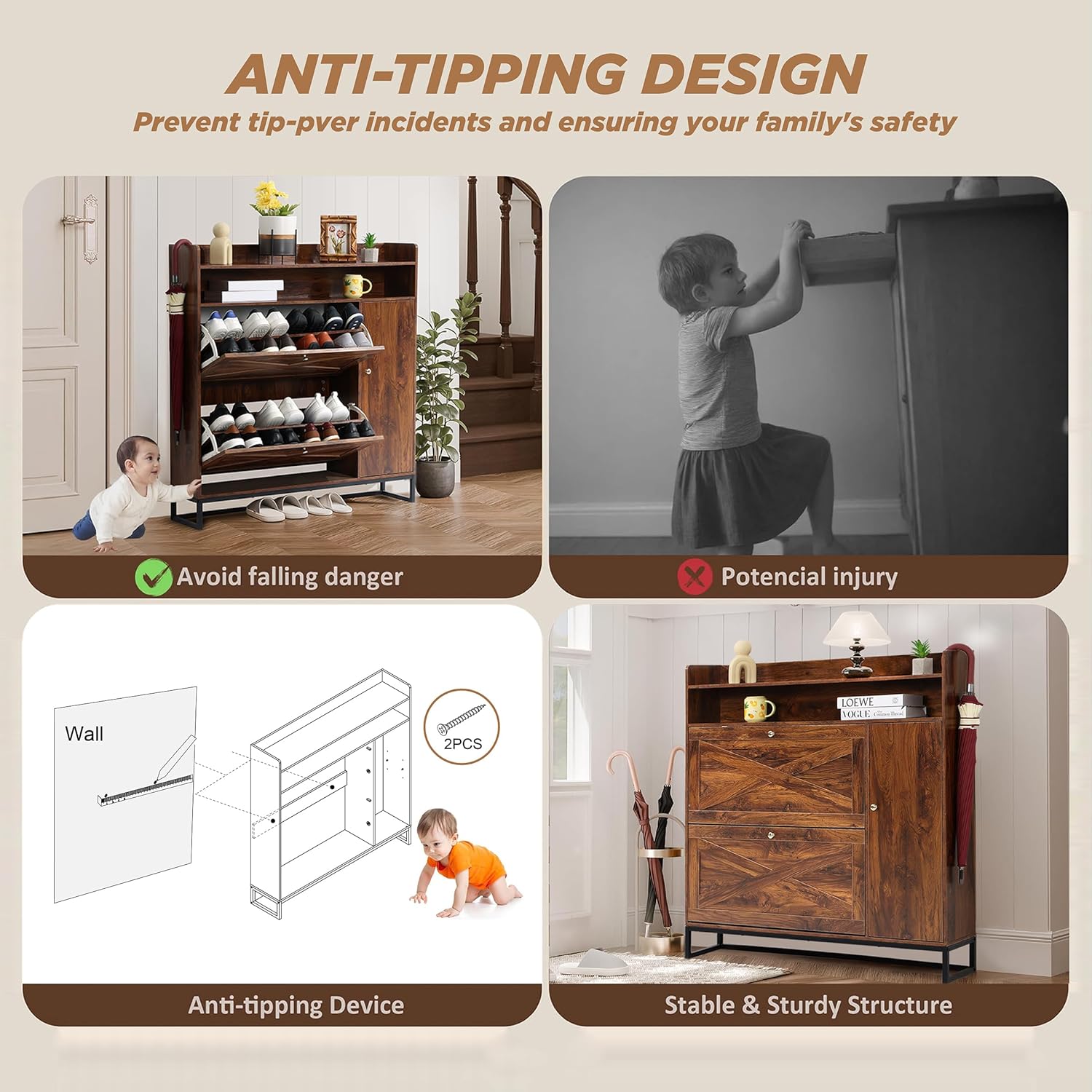 SunSettler Shoe Storage Cabinet with 2 Flip Drawers, Freestanding Shoe Organizer with Metal Legs for Entryway, Narrow Shoe Rack Cabinet, Brown