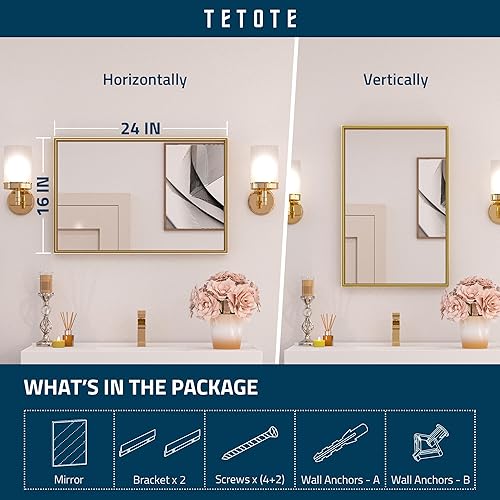 Miniatura 6 de TETOTE Espejo de baño dorado cepillado de 16 x 24 pulgadas, espejo rectangular con marco dorado para sobre el fregadero, moderno espejo de pared