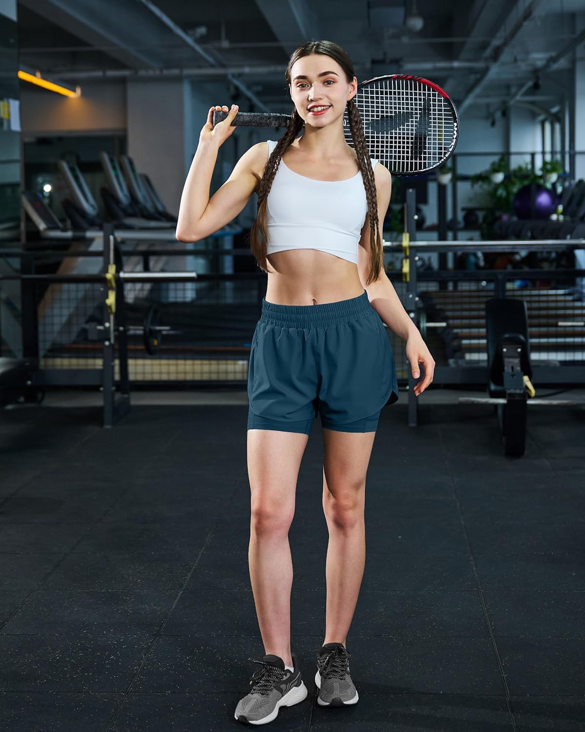 Ksmien Women's 2 in 1 Running Shorts Quick Dry Athletic Gym Workout Shorts with Liner Phone Pockets - Image 3