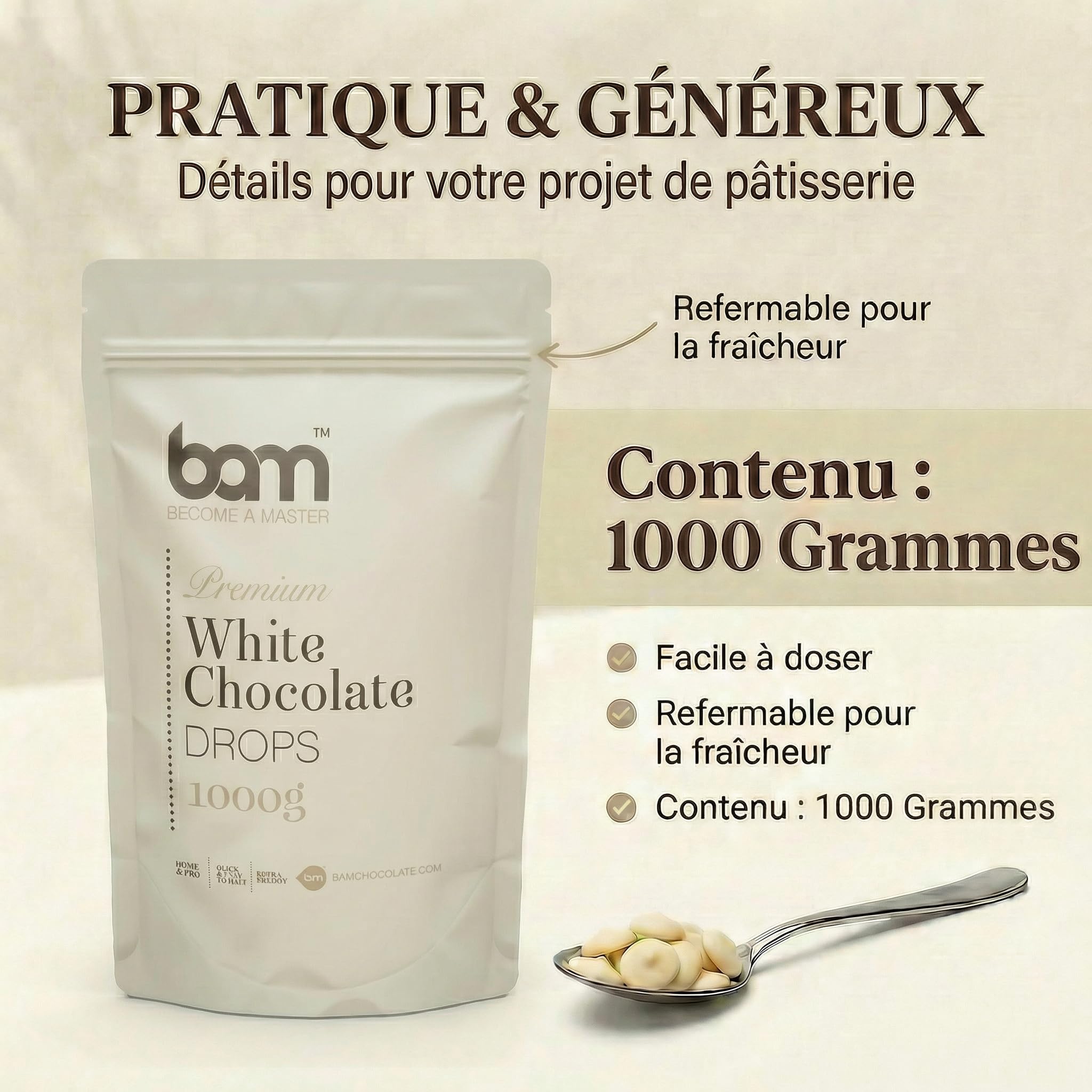 BAM Pépites de Chocolat Blanc – Chocolat Pâtissier pour Desserts, Ganaches, Crèmes et Fruits – Chocolat de Couverture de Qualité – 1kg