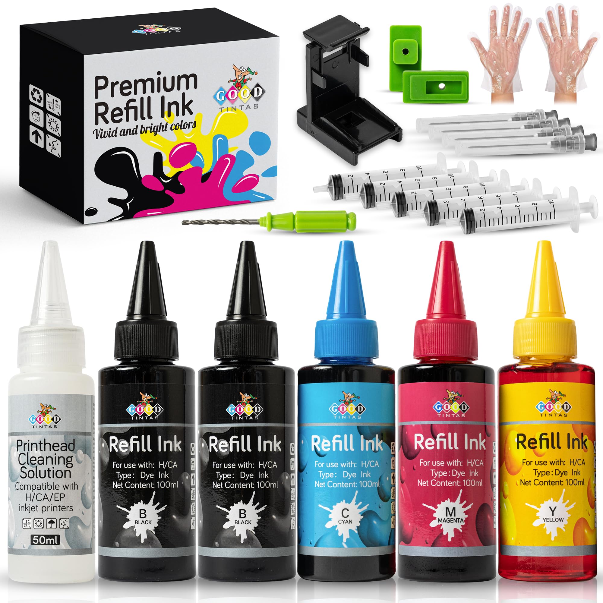Kit de recharge d'encre 500 ml Compatible pour cartouches d'encre Canon PG-545 ou 545XL, CL-546 ou 546XL, PG-512, PG-510, CL511, CL-513, avec accessoires + 50 ml de nettoyage têtes