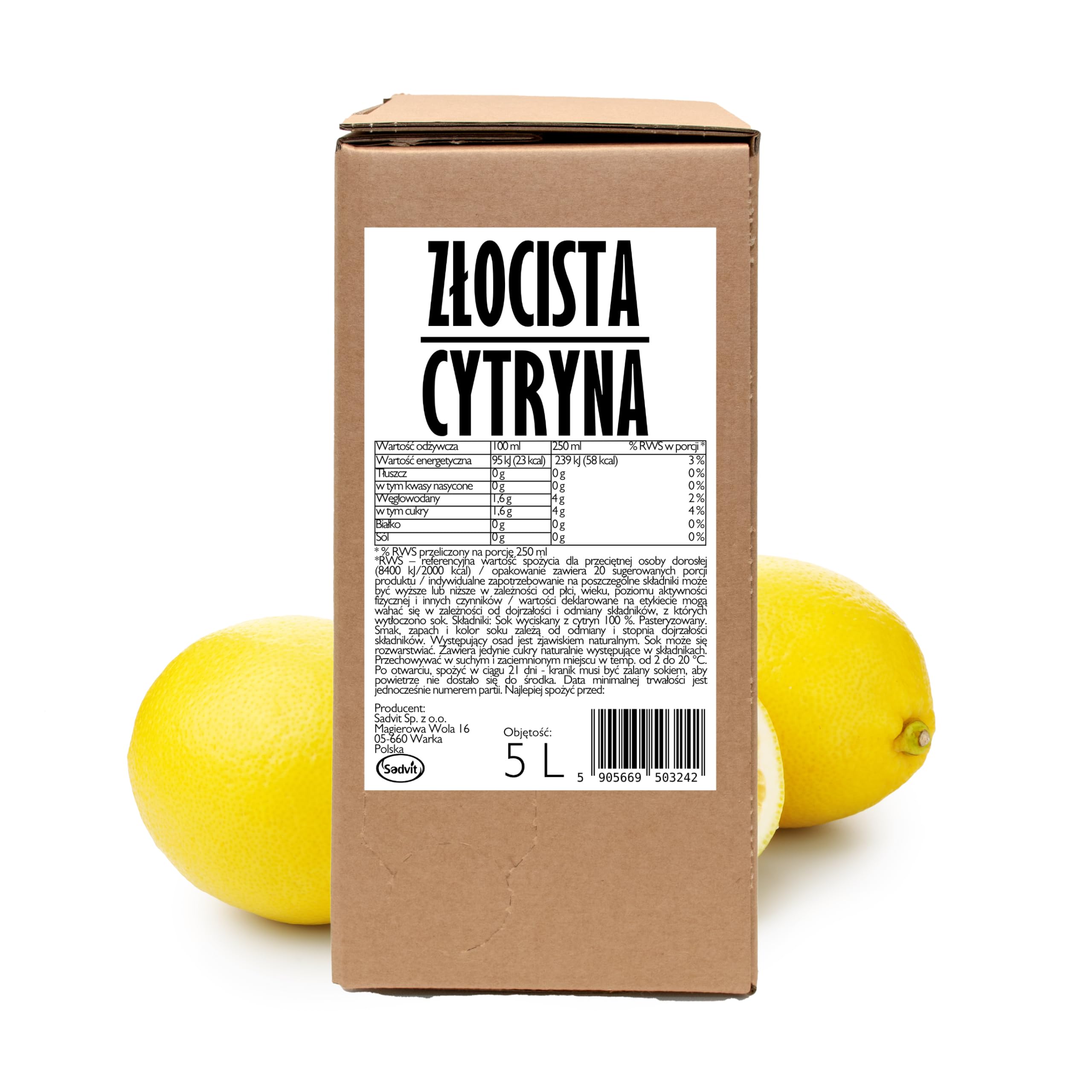 Sadvit | Złocisty Sok z Cytryny nie z koncentratu | 5L Bag in Box Sok owocowy NFC | Tłoczony Kwaśny Orzeźwiający | Bez Cukru i Konserwantów | Dodatek do Koktajli i Lemoniad | Dużę opakowanie