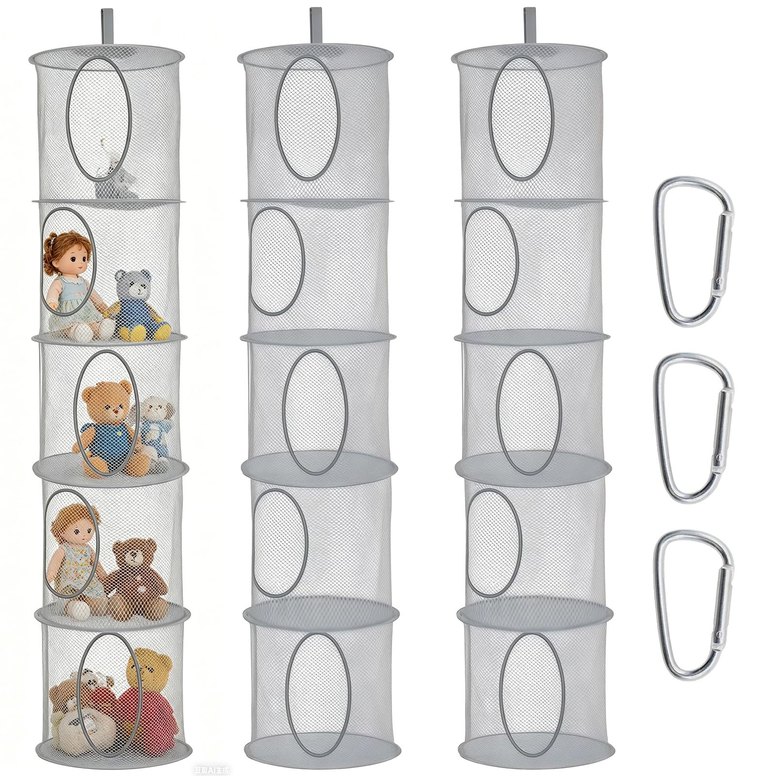 Eudomis 3 PCS Hanging Mesh Storage Basket，Foldable 5 Tier Soft Toy Storage,Includes Matching D-hook,Polyester Teddy Storage Net with Compartments for Cuddly Toys,Clothes,Sundries (Grey)