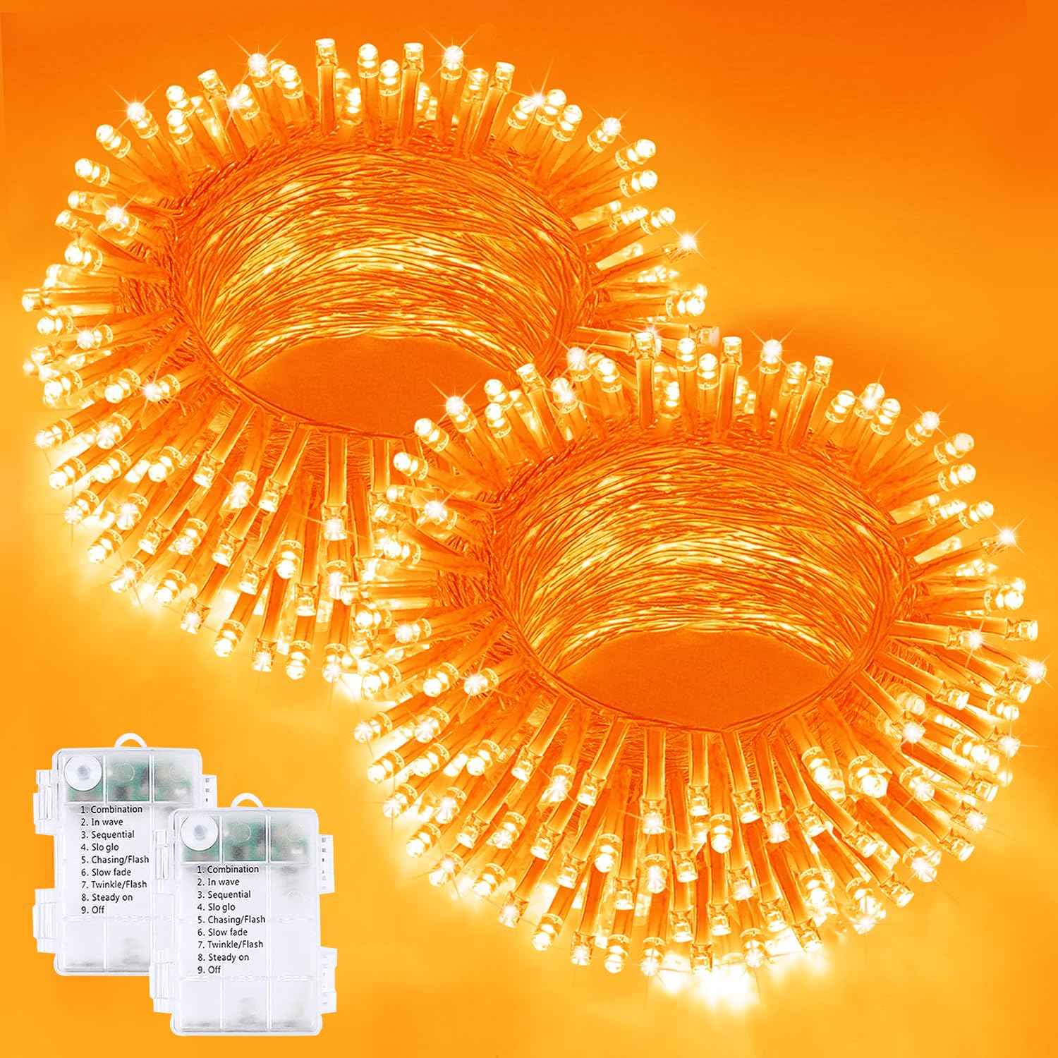 Lot de 2 guirlandes lumineuses d'Halloween à piles avec minuteur, 200 DEL, étanches, avec 8 modes pour intérieur et extérieur, fête, chambre à coucher, décorations d'Halloween