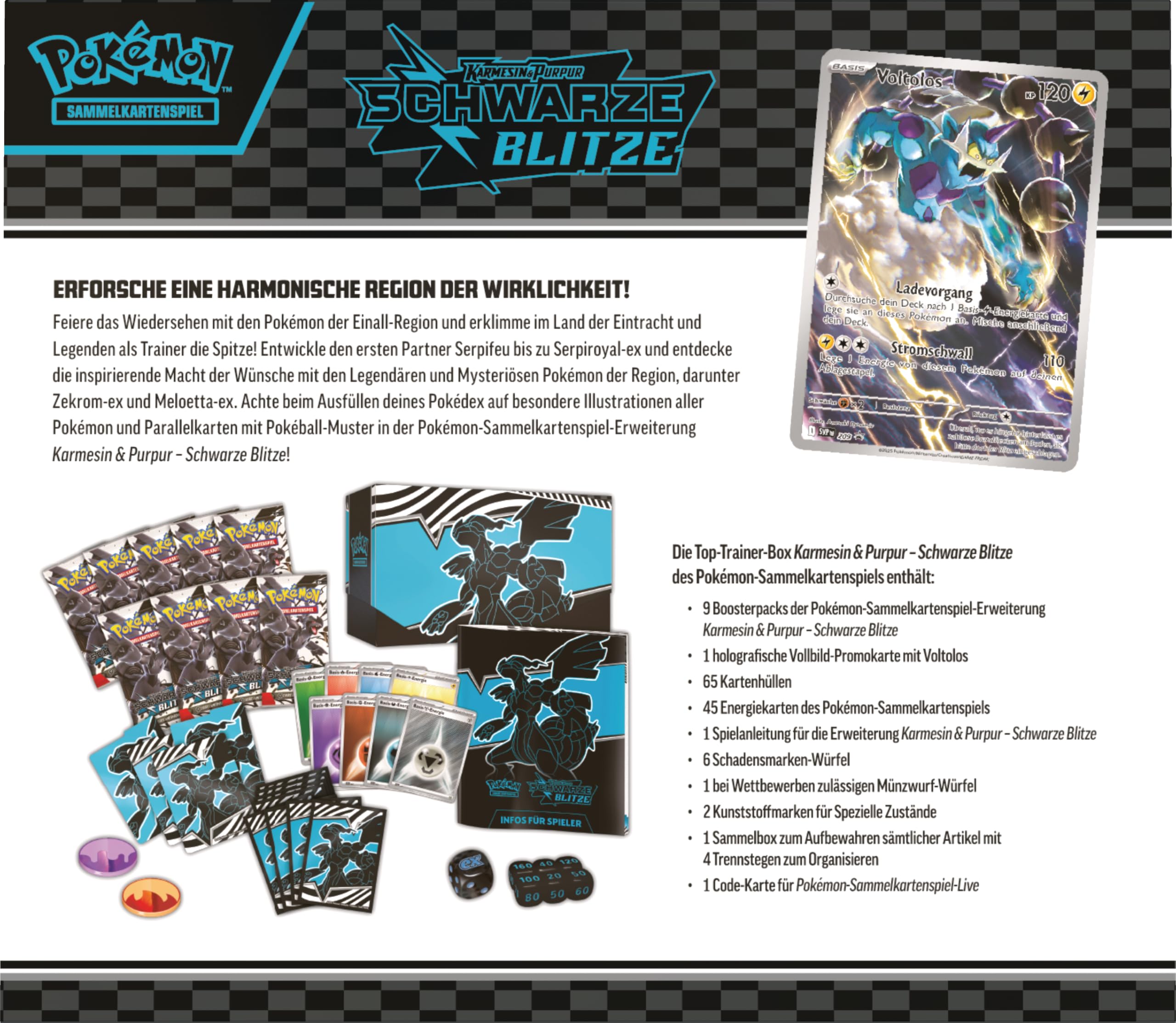 Pokémon-Sammelkartenspiel: Top-Trainer-Box Karmesin & Purpur – Schwarze Blitze: Zekrom (1 Vollbild-Promokarte mit Voltolos, 9 Boosterpacks & Premium-Zubehör)