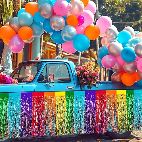 Miniatura 7 de Morcheiong Paquete de 2 faldas de mesa de oropel de 29.5 x 108 pulgadas con flecos de papel de aluminio arcoíris desechables para mesas