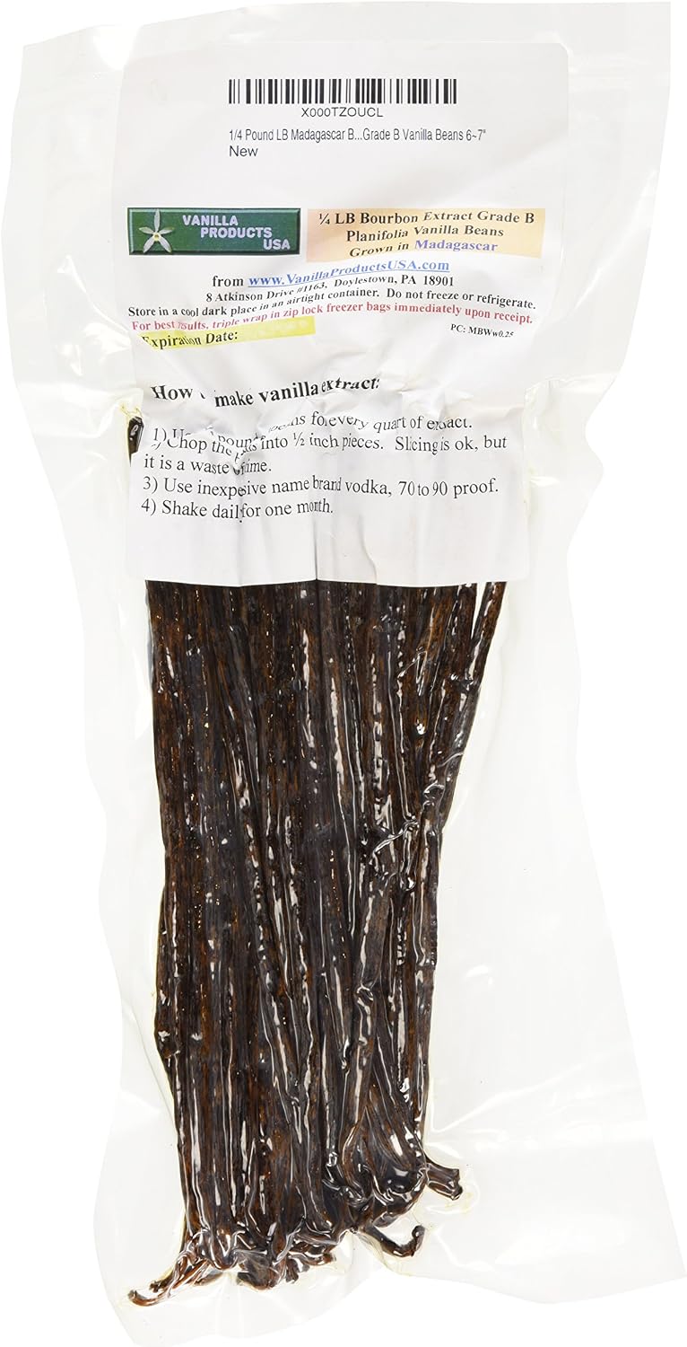 Vanilla Products USA 1/4 Pound LB Madagascar Bourbon Planifolia Extract Grade B Vanilla Beans 6~7"
