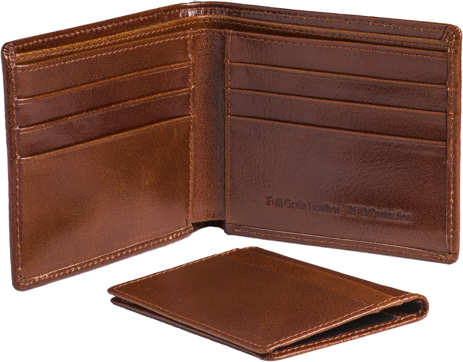 Mens Leather Wallet by Moseeg, 2 Pc – Premium Genuine Full Grain Leather with Full RFID protection - Minimalist, Premium & Perfect