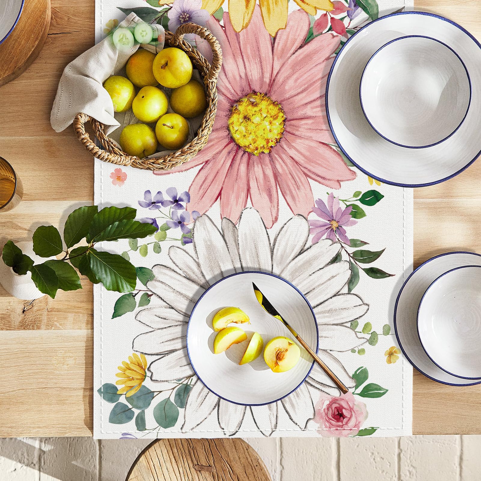 Baccessor Camino de mesa de flores de margaritas de primavera y verano, acuarela, girasoles, mesa de cocina, comedor, boda, aniversario, fiesta, vacaciones, decoración del hogar, 13 x 48 pulgadas