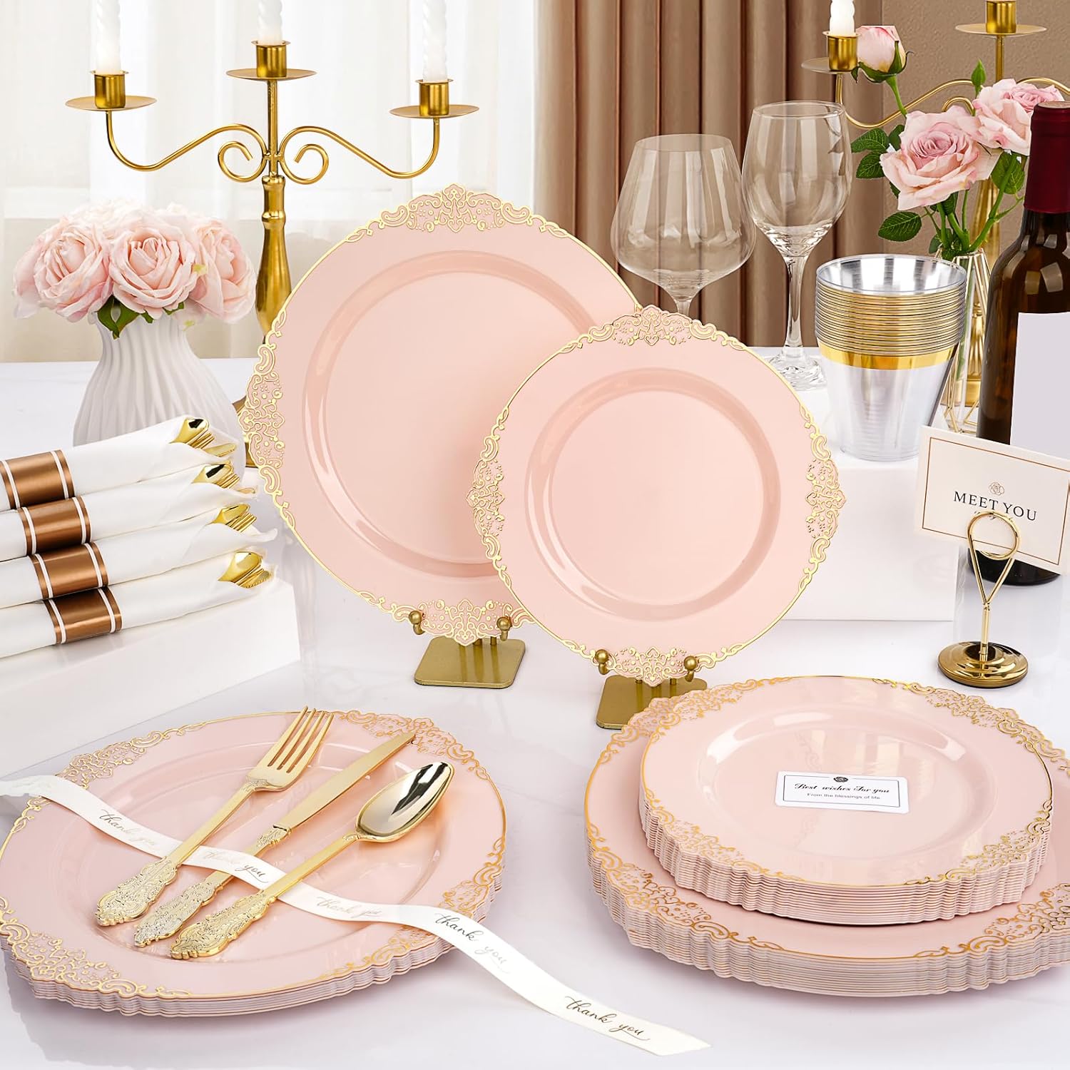 350 PCS Pink and Gold Plastic Plates, Plastic Dinnerware Set for 50 Guests, 100 Disposable Plates, 150 Silverwares, 50 Cups, 50 Napkins for Party, Wedding, Graduation - Image 4