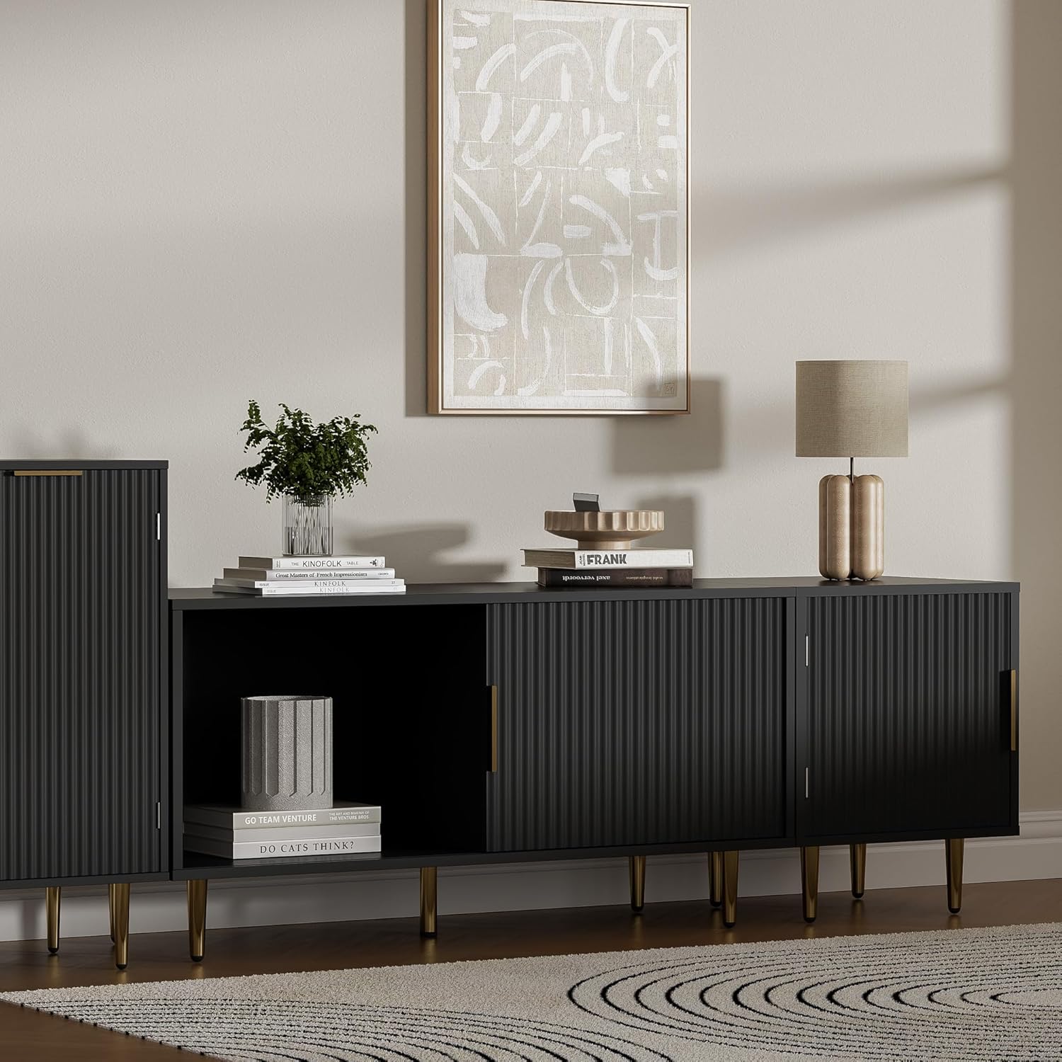 Combined Modern TV Stand for 55/60/65 inch TV, Small Fluted Entertainment Center with Adjustable Shelf, TV Media Stand with Storage Cabinet, TV Console for Living Room, Bedroom, Black