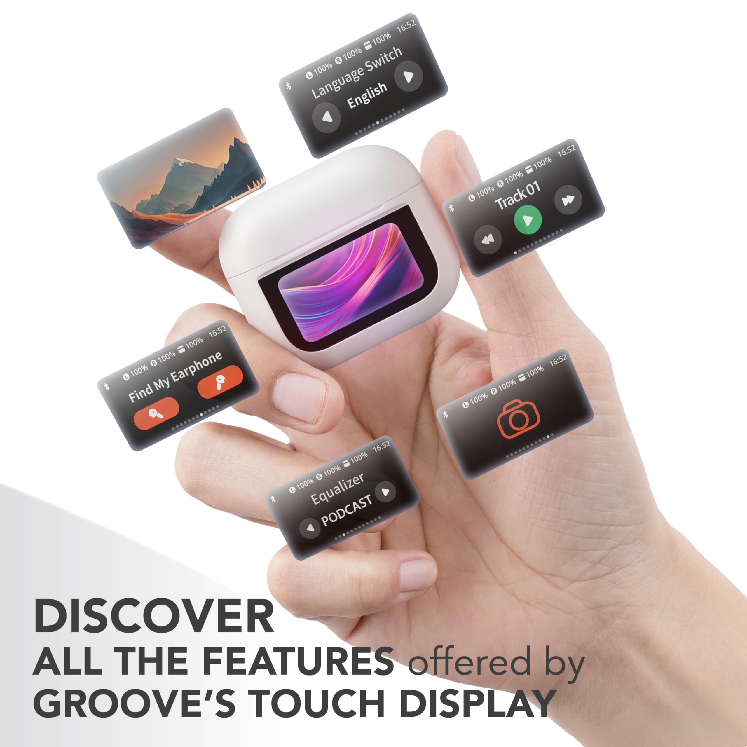 Music Sound Groove - słuchawki douszne Bluetooth z ekranem dotykowym, 3 tryby EQ, do 21 godzin odtwarzania, automatyczne parowanie, zintegrowane sterowanie i kompaktowe etui - białe