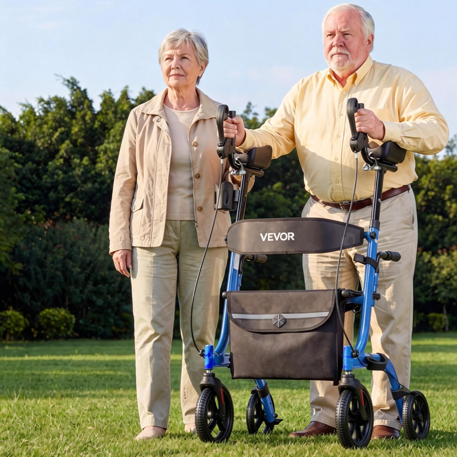 VEVOR Deambulatore con Sedile Supporto Massimo 136 kg per Anziani, Ausilio Pieghevole Leggero in Alluminio con Ruote in PU Maniglia Regolabile Borsa Portaoggetti e Porta Bastone, per Sostegno Disabili