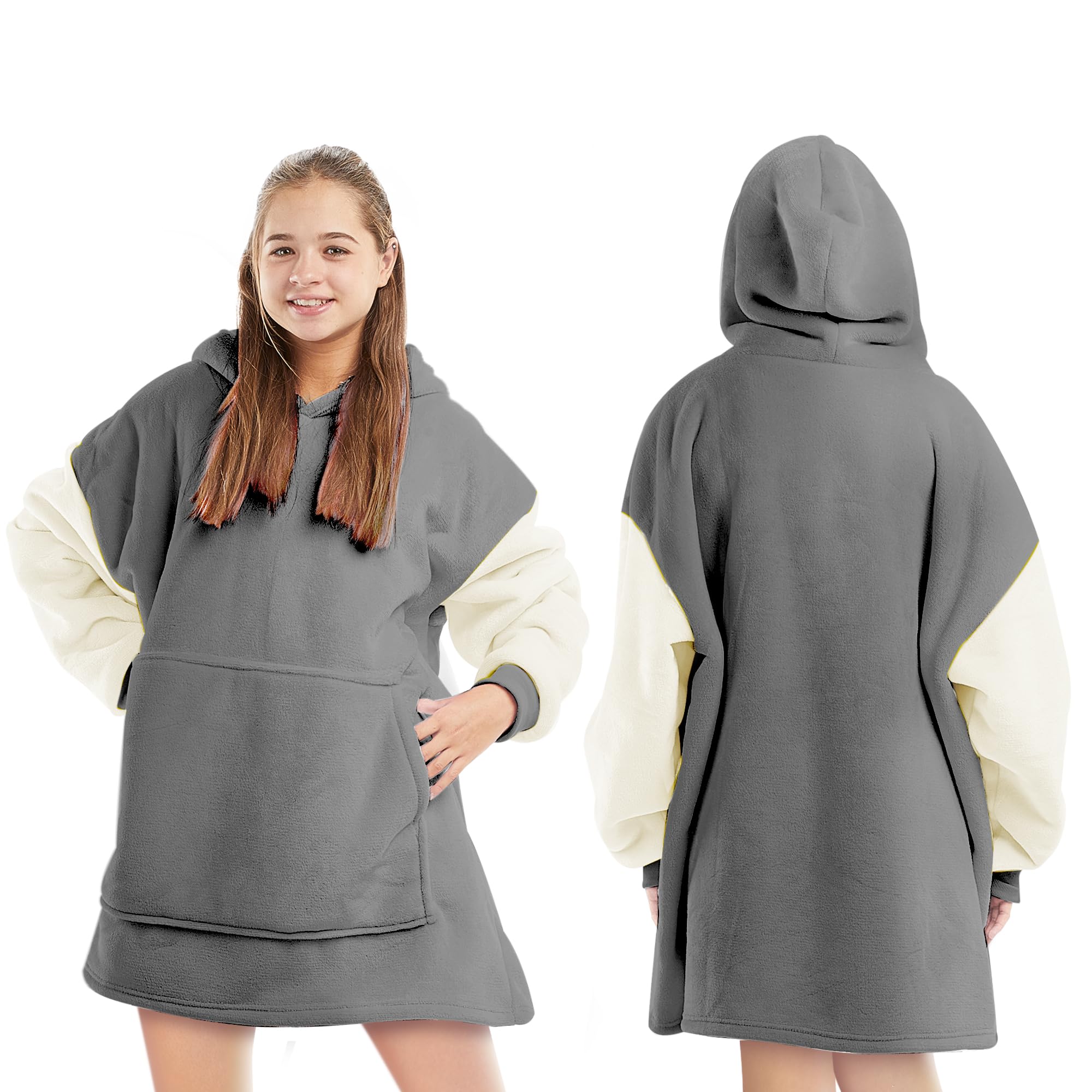 Keplin Women's Grey/White Oversized Blanket Hoodie - Thermal & Soft Hoodie Blanket With Sherpa Lining, Large Pocket & Elasticated Cuff Sleeves - One Size Fits All, Regular (152X86x82cm)