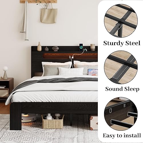 Miniatura 12 de Marco de cama de madera de tamaño matrimonial, cabecera de almacenamiento con estación de carga y luces LED, marco de cama de madera rústico Led