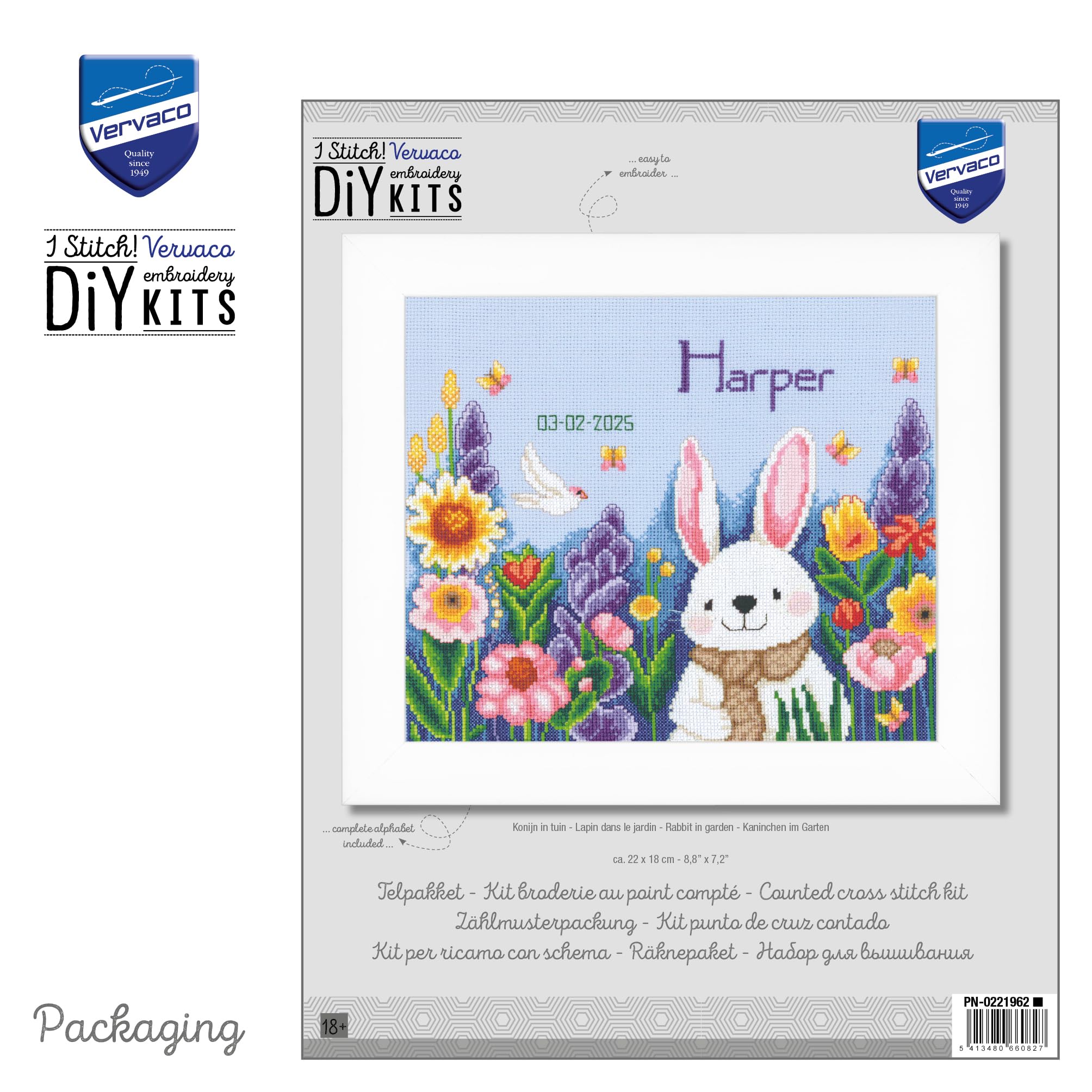 VERVACO Haft Krzyżykowy Liczony Zestaw Metryczka dla Dziecka KRÓLIK W OGRODZIE Pamiątka Narodzin Zrób to Sam Zestaw Kreatywny dla Dorosłych 22 x 18 cm Dekoracje Ścienne Pokój Dziecka Cross Stitch