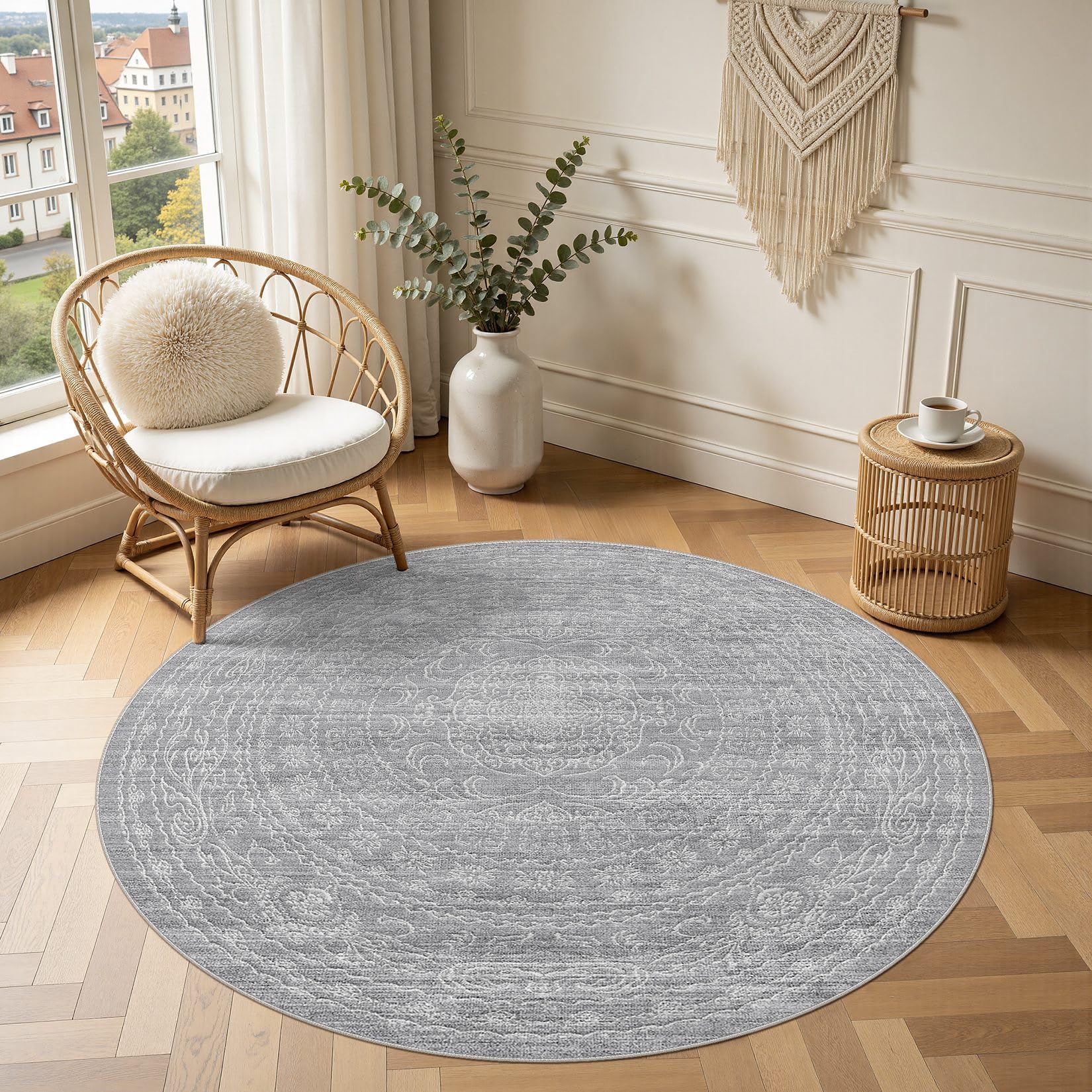 DMOYEST Teppich Rund 150 cm Grau Vintage Waschbar