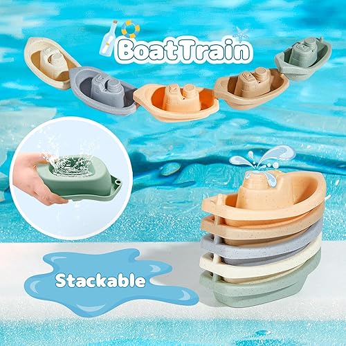 Miniatura 5 de AMCHSURI Juguetes de baño para bebés sin moho, juguetes de mesa de agua de 9 piezas con botes flotantes para niños pequeños de 1 a 3 años, bañera de