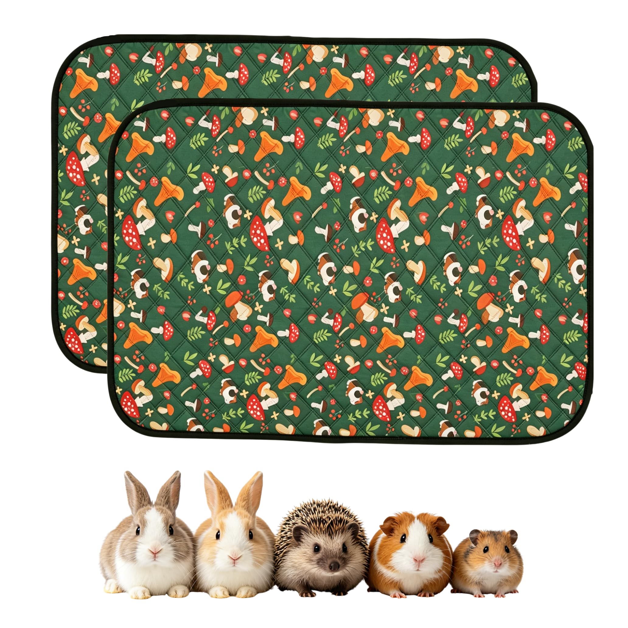 RevpoltIQ 2 Packs Guinea Pig Cage Liner 61x45cm Fast Water Absorption Guinea Pig Mats Washable Reusable Small Animal Pee Pads with Anti-Slip Bottom for Cage Cute Print Rabbit Hamster Bed (Green)