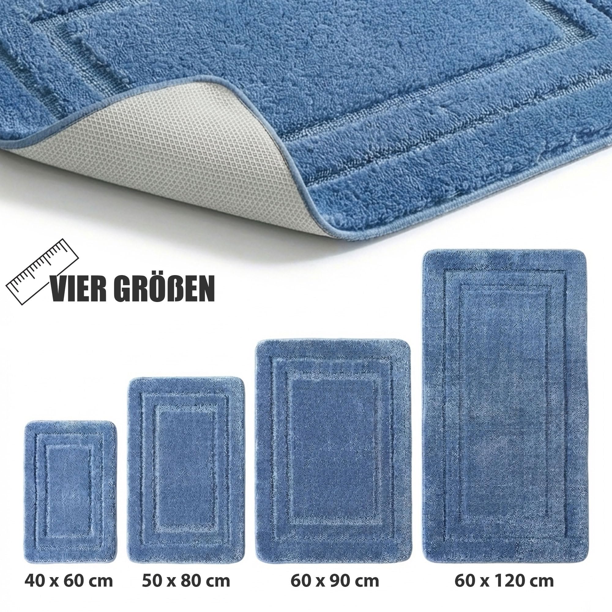 HELLSER Badezimmerteppich KIRA | Badematte rutschfest & Waschbar | Weicher Mikrofaser Badteppich | Saugfähig & Schnelltrocknend | Oeko-TEX Badvorleger für Fußbodenheizung | Blau | 60x120 cm