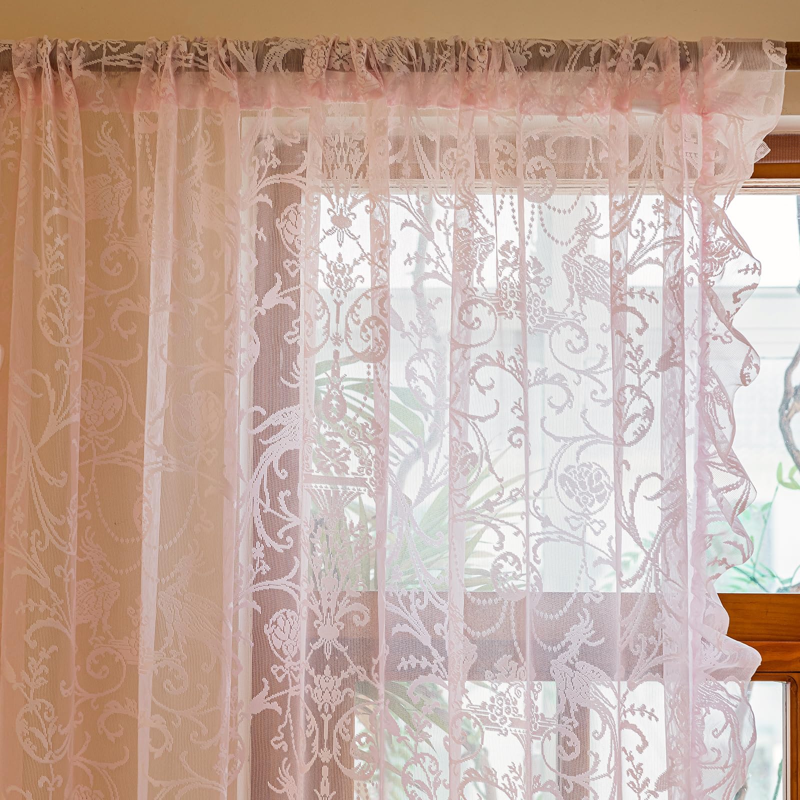 TUDECO Light Pink Sheer Curtains 84 Inches Long - Coquette Romantic Floral and Branch Pink Girl Curtains for Bedroom Set of 2, Shabby Chic Privacy Princess Ruffle CuteCore Room Decor, 59 x 84 Inch