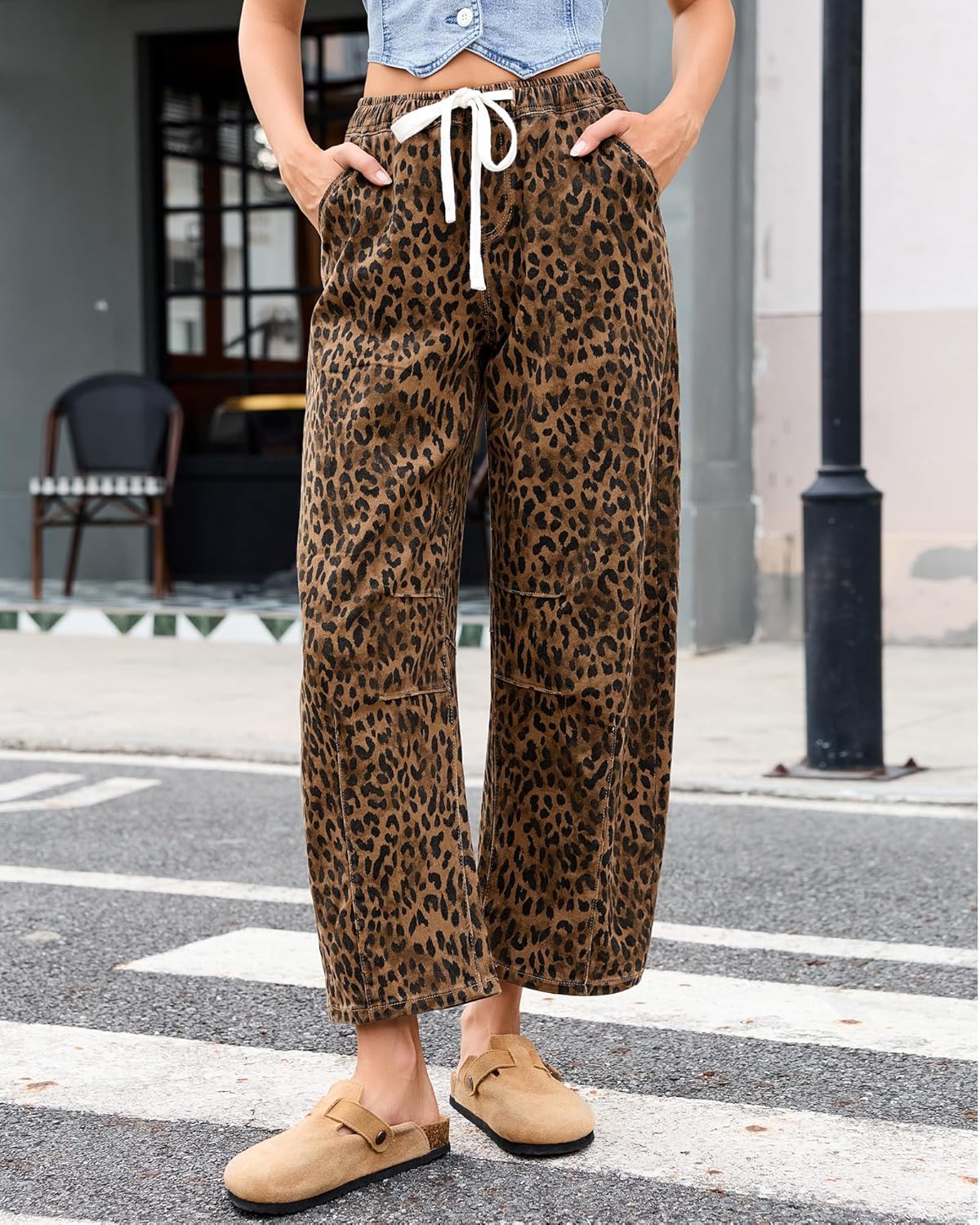 Vetinee Barrel Jeans Women Trendy Wide Leg Leopard Cheetah Pants High Waisted Pull On Drawstring Stretchy Denim Pants - Image 3