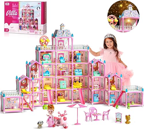 Casa de muñecas con 5 pisos, 29 habitaciones para muñecas en casa, juguetes de casa de juegos, accesorios y muebles, juego al aire libre para niños,